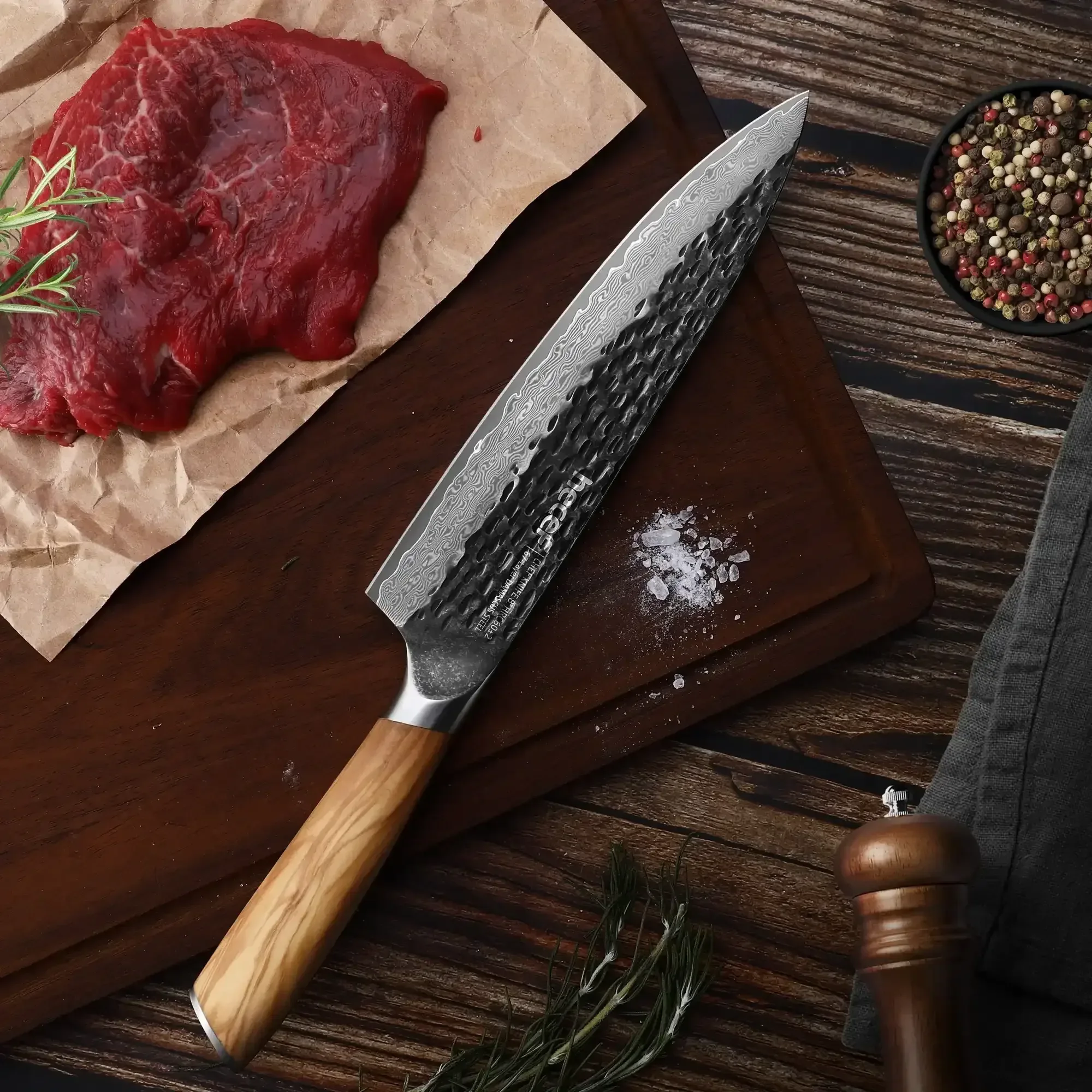 Hecef Japanese Chef Knife, Forged 67-Layer Damascus Steel Ultra Sharp Professional Hammered Carving Knife - Image 6