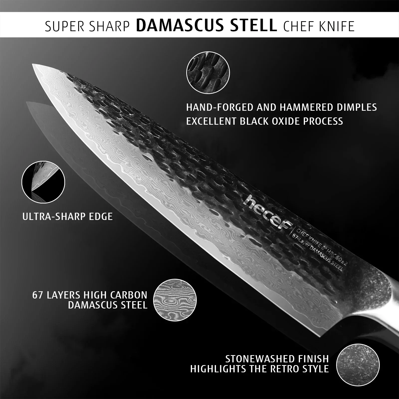 Hecef Japanese Chef Knife, Forged 67-Layer Damascus Steel Ultra Sharp Professional Hammered Carving Knife - Image 9