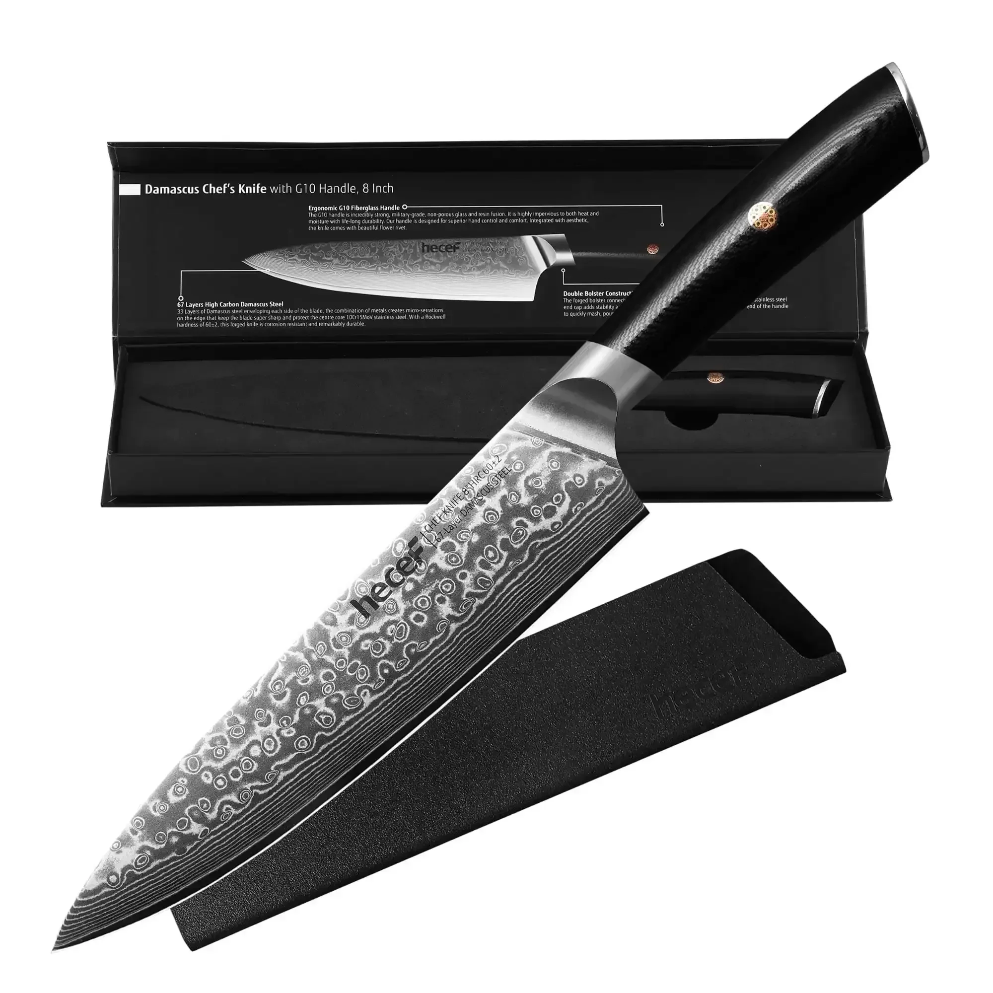 Hecef 8-Inch Chef Knife, Japanese Damascus Steel Blade with Resin Handle