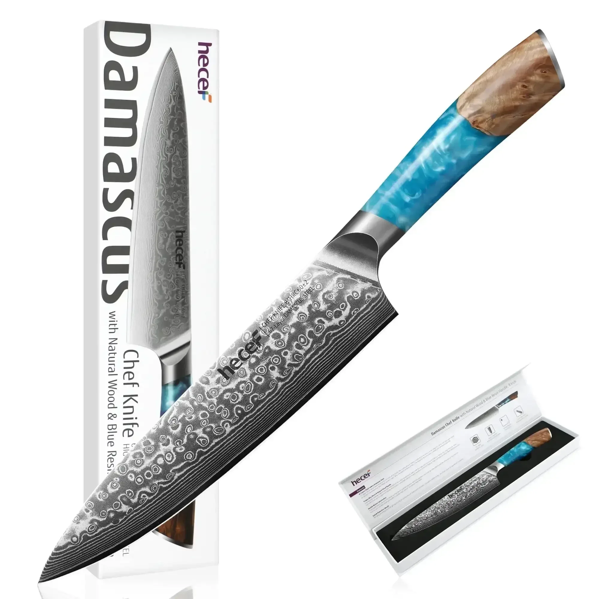 Hecef 8-Inch Chef Knife, Japanese Damascus Steel Blade with Resin Handle - Image 11