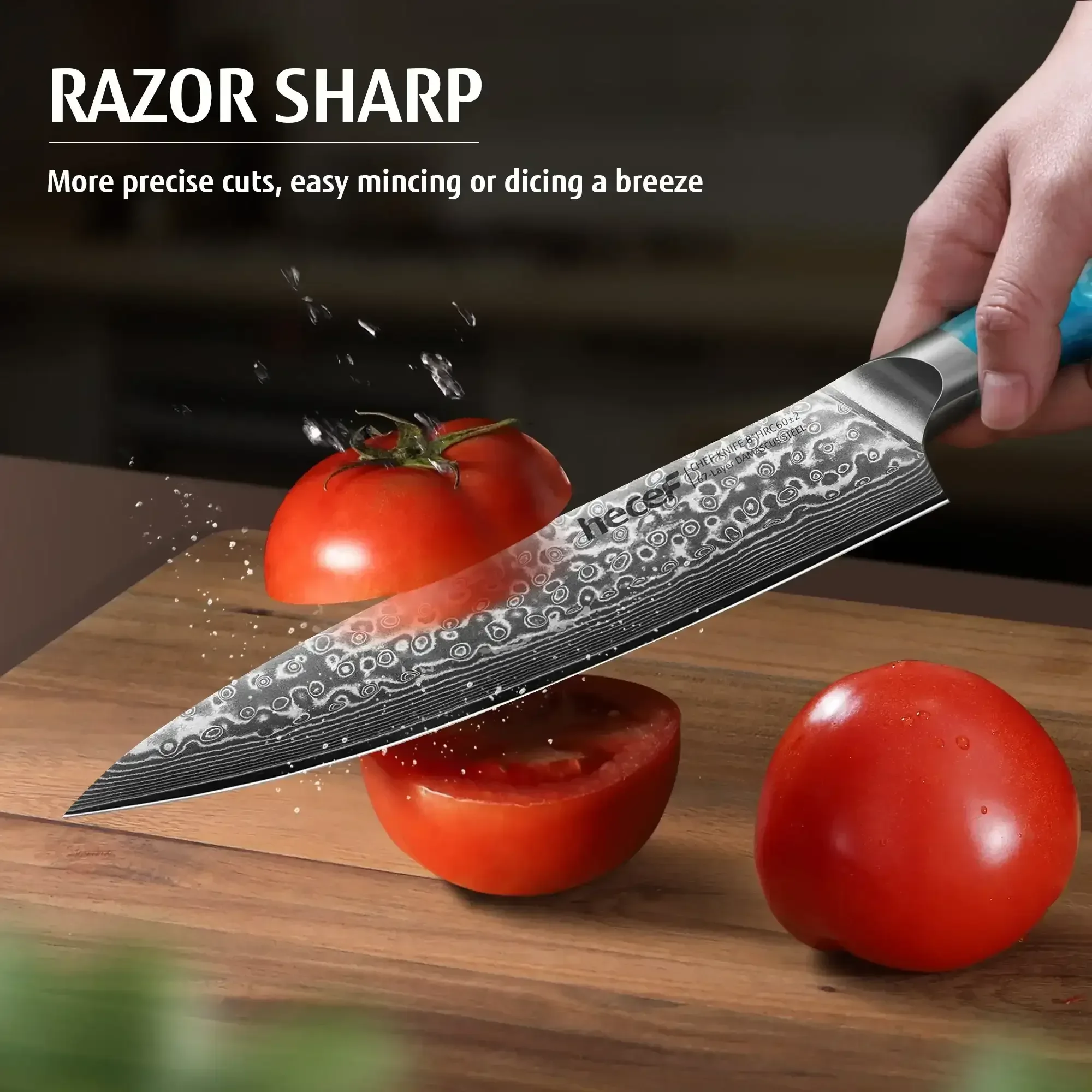Hecef 8-Inch Chef Knife, Japanese Damascus Steel Blade with Resin Handle - Image 12