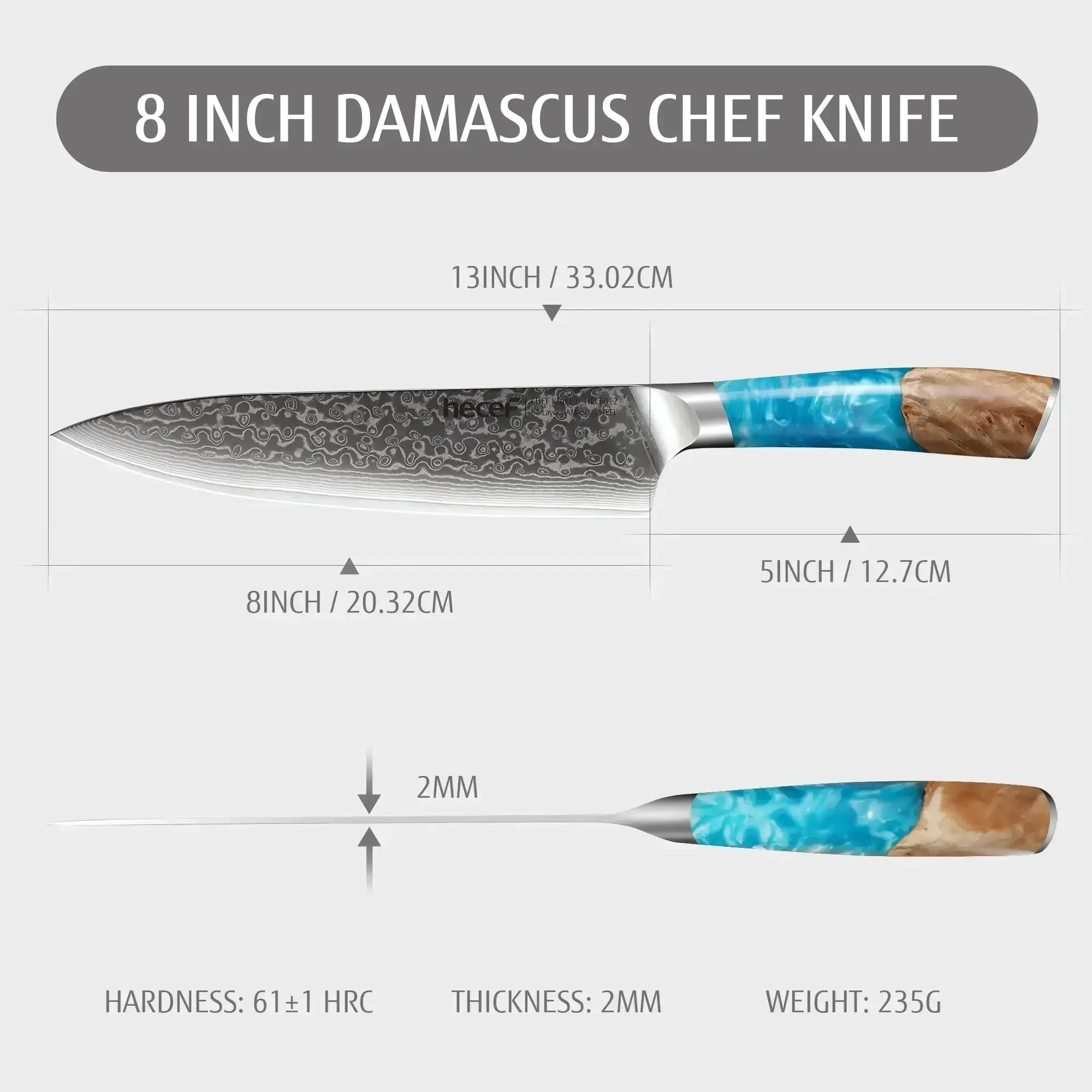 Hecef 8-Inch Chef Knife, Japanese Damascus Steel Blade with Resin Handle - Image 14