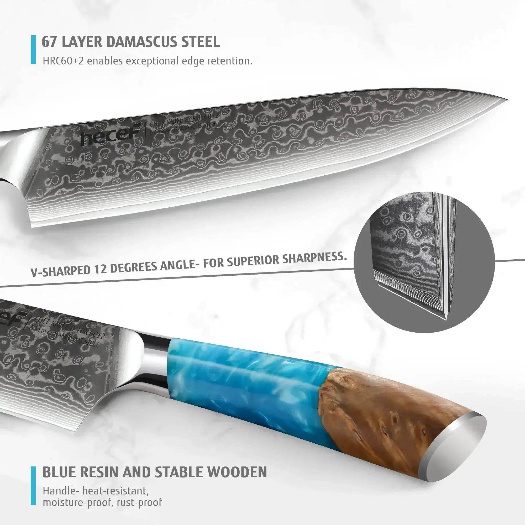 Hecef 8-Inch Chef Knife, Japanese Damascus Steel Blade with Resin Handle - Image 15