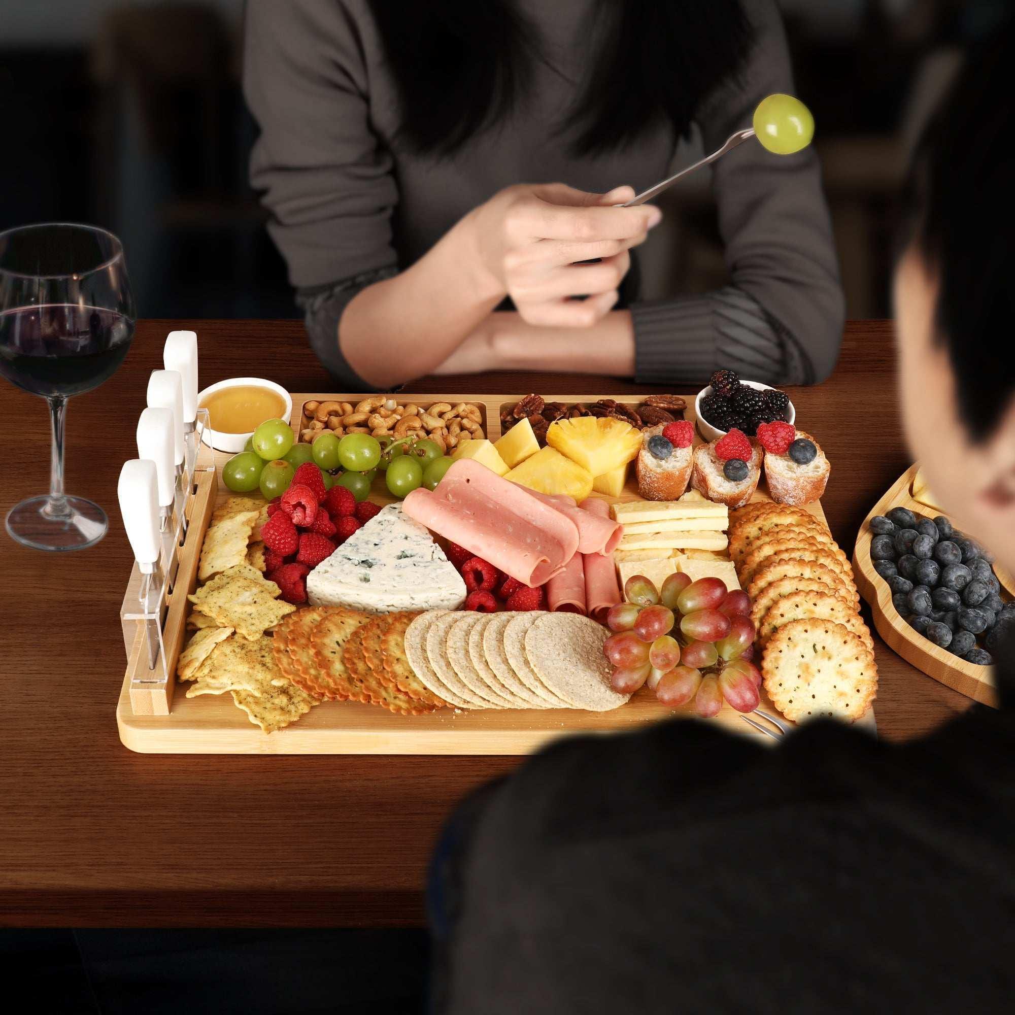 Hecef Bamboo Cheese Board and Knife Set, 13-Piece Large Charcuterie Serving Tray, 17 in - Image 3