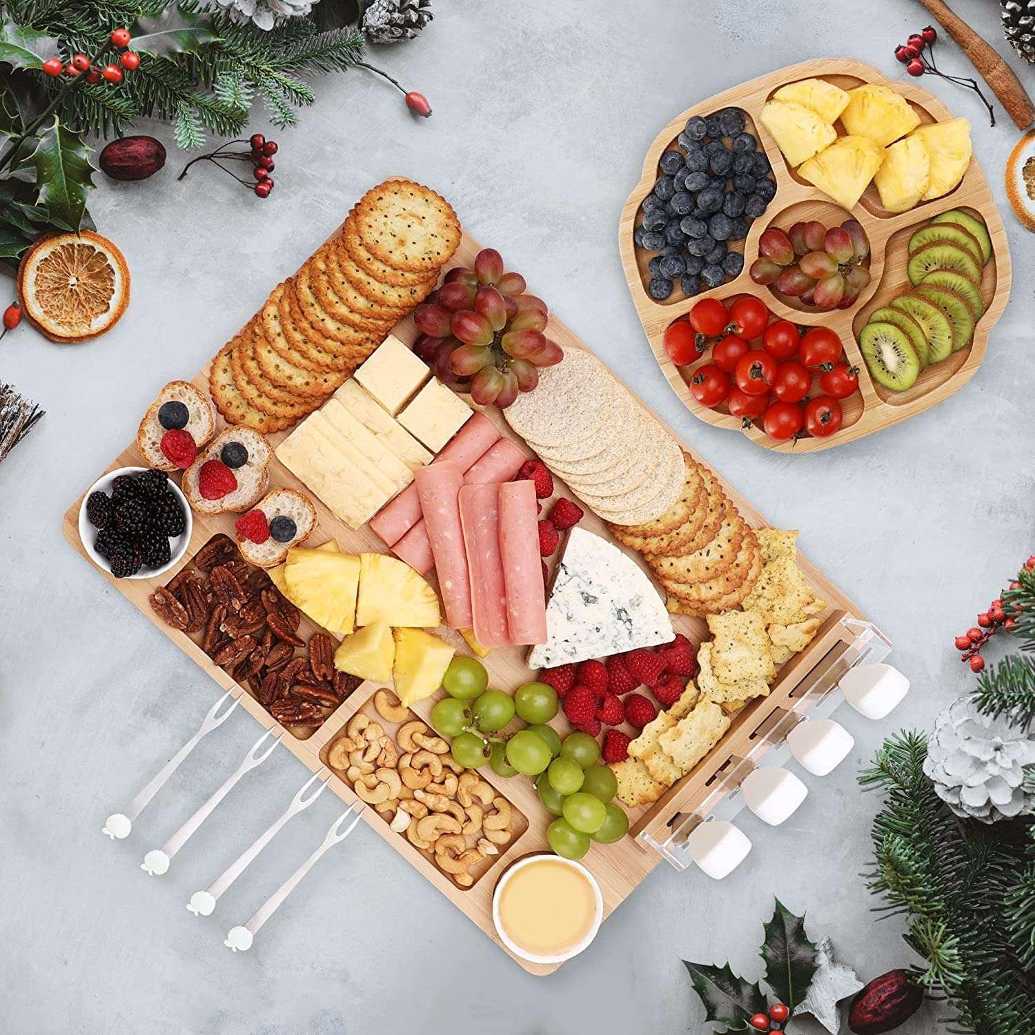 Hecef Bamboo Cheese Board and Knife Set, 13-Piece Large Charcuterie Serving Tray, 17 in - Image 7