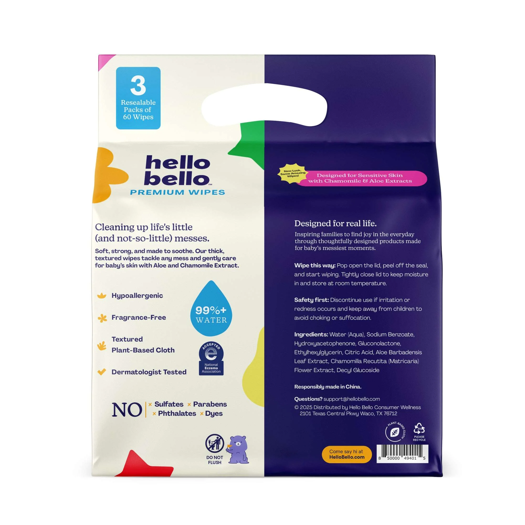 Hello Bello Premium Fragrance-Free Baby Wipes, 3 Flip-Top Pouches (180 Total Wipes) - Image 2
