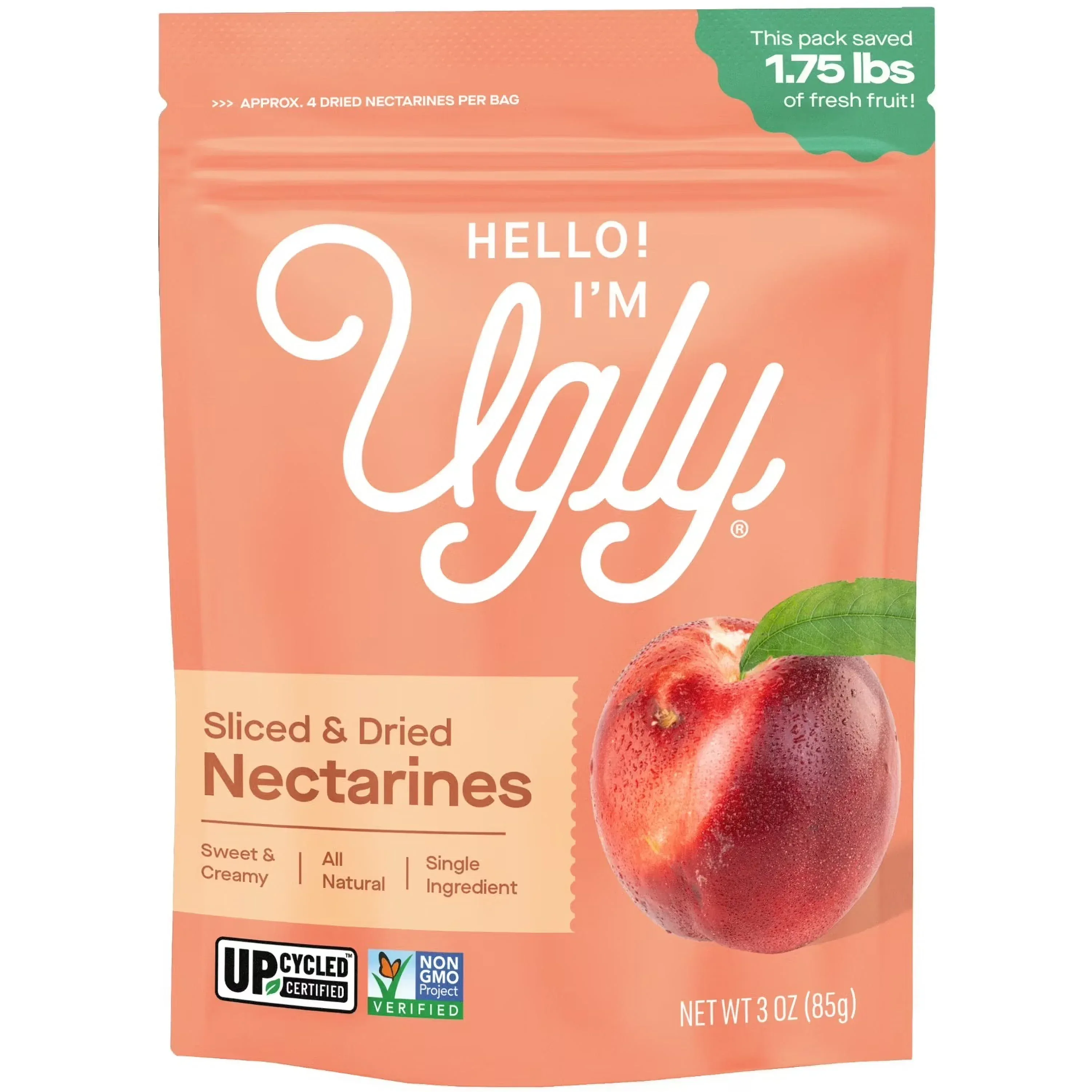 Hello! I'm Ugly Dried & Sliced Nectarines, No Sugar Added Snacks, Unsweetened Dried Fruit, 3 oz