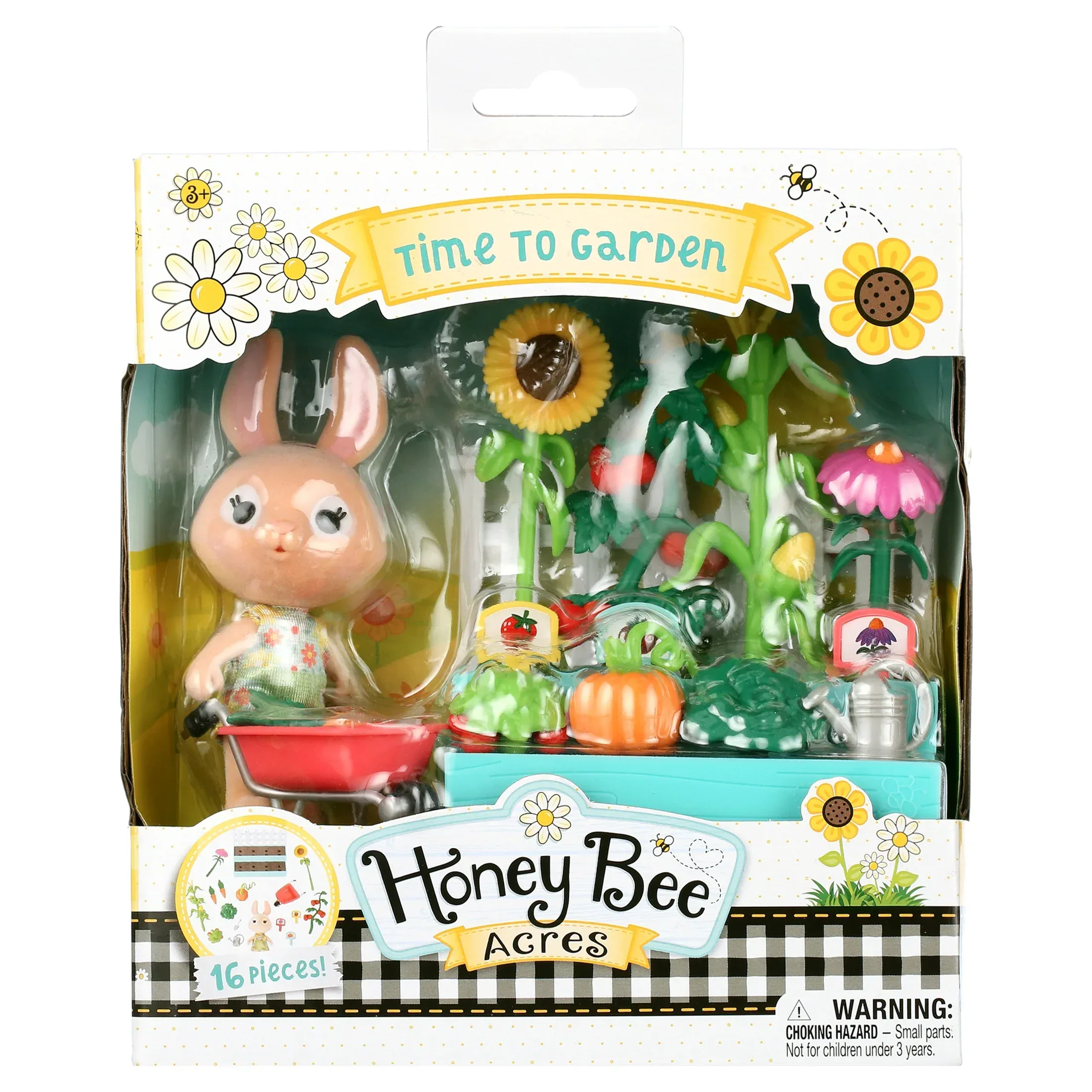Honey Bee Acres Time to Garden Playset – 16 Piece Miniature Dollhouse Set with Bunny Figure, Wheelbarrow, Vegetables & More – Dolls for Kids Ages 3+ - Image 2