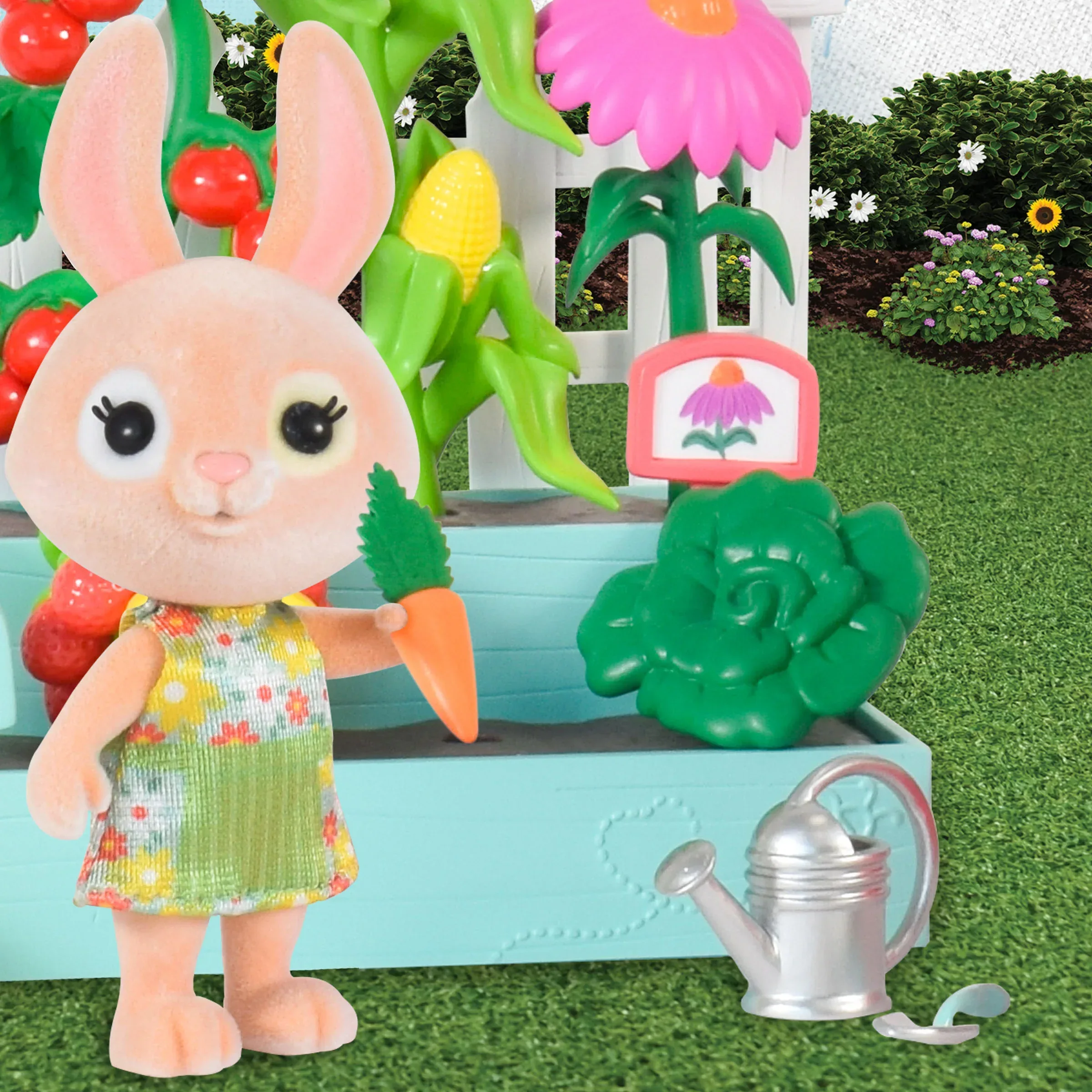 Honey Bee Acres Time to Garden Playset – 16 Piece Miniature Dollhouse Set with Bunny Figure, Wheelbarrow, Vegetables & More – Dolls for Kids Ages 3+ - Image 3