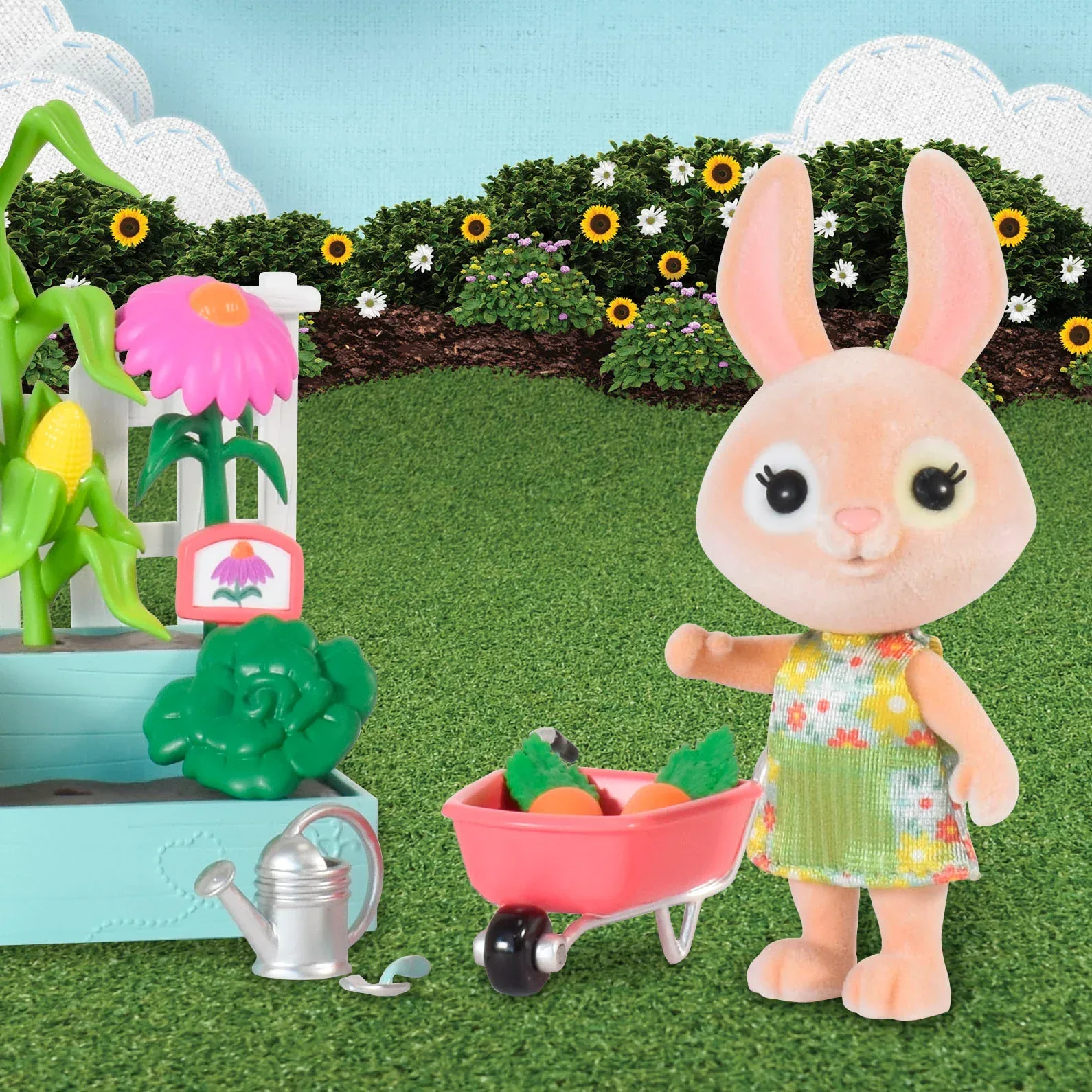 Honey Bee Acres Time to Garden Playset – 16 Piece Miniature Dollhouse Set with Bunny Figure, Wheelbarrow, Vegetables & More – Dolls for Kids Ages 3+ - Image 4
