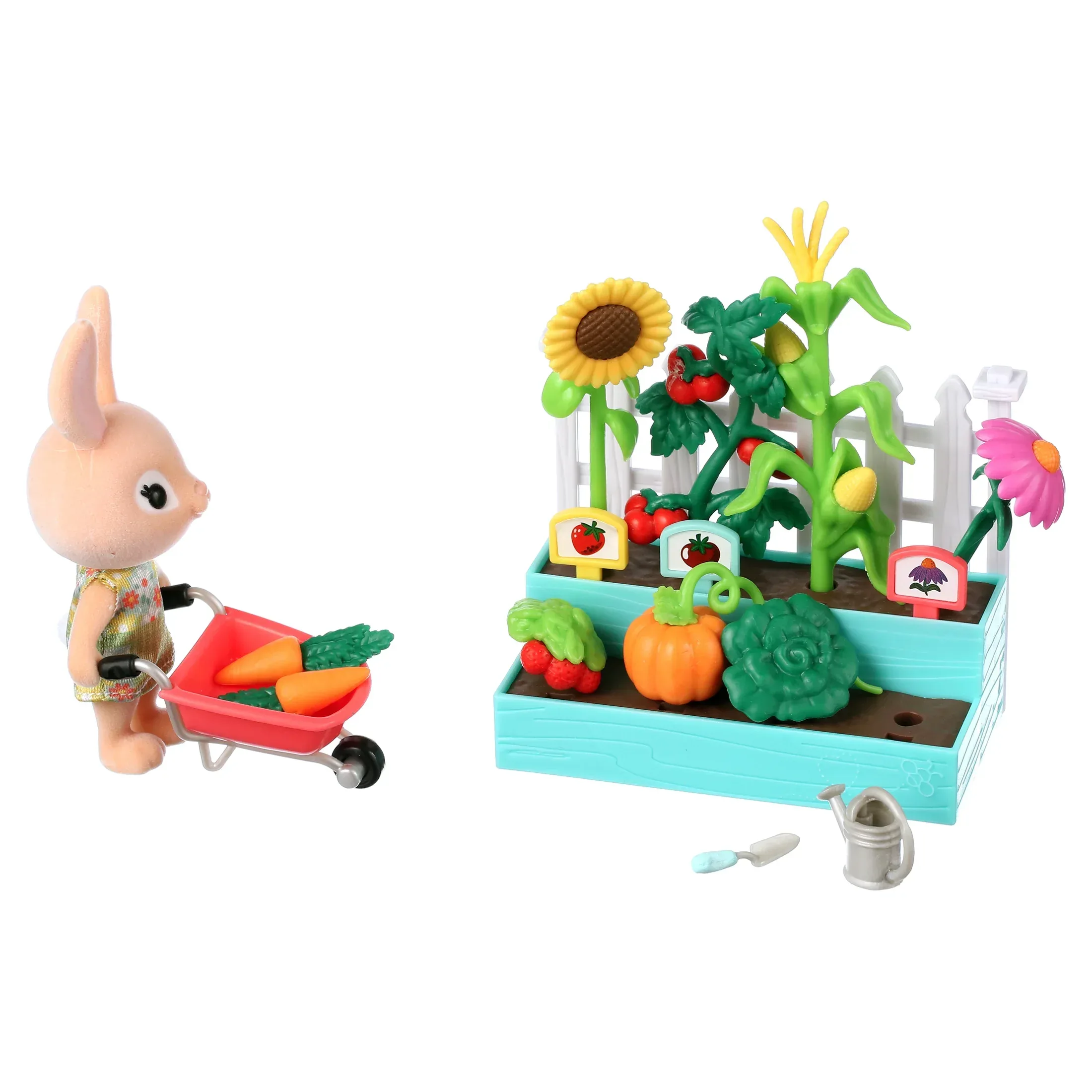 Honey Bee Acres Time to Garden Playset – 16 Piece Miniature Dollhouse Set with Bunny Figure, Wheelbarrow, Vegetables & More – Dolls for Kids Ages 3+ - Image 6