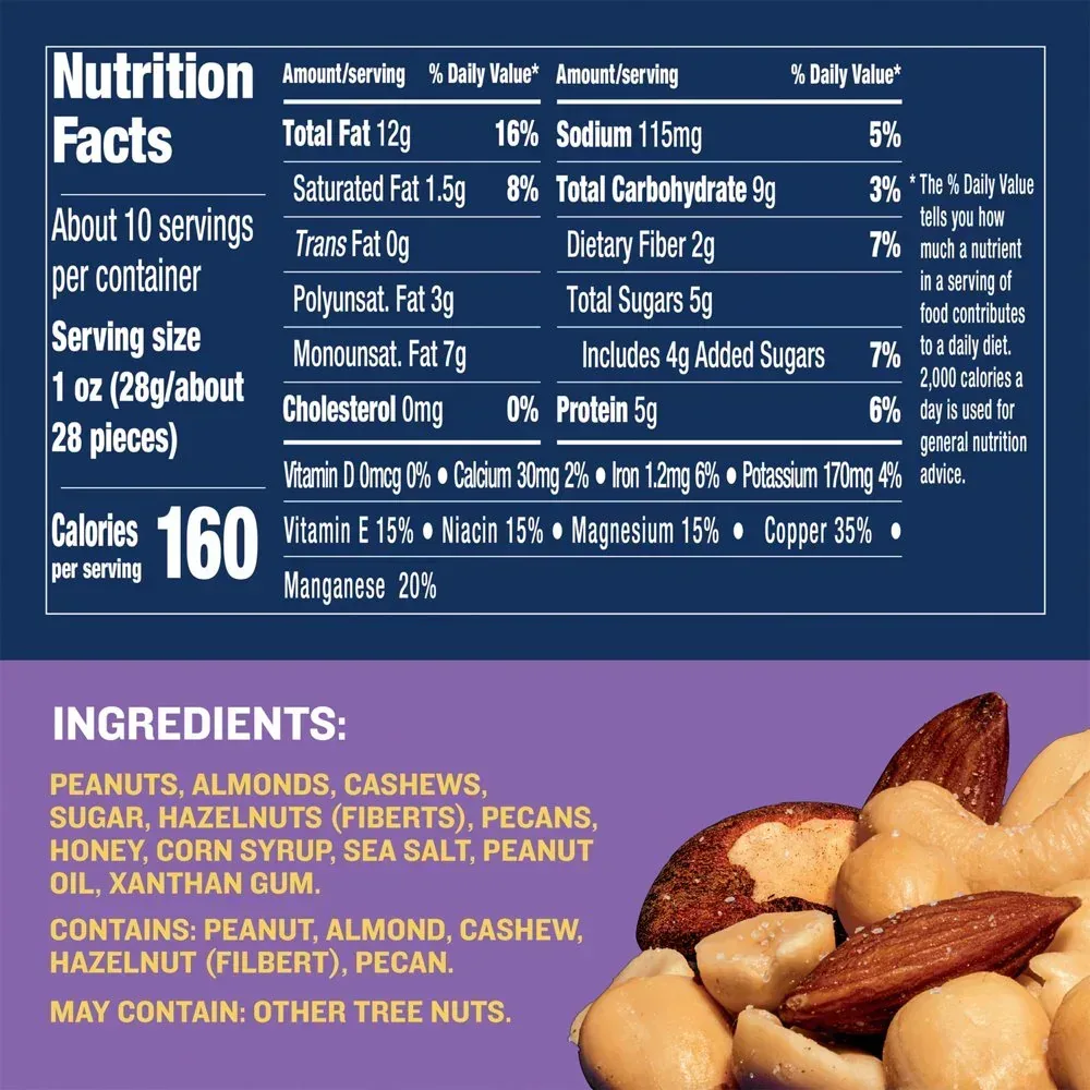 Honey Roasted Mixed Nuts, Party Snacks, Plant-Based Protein, 10 Oz Canister - Image 4