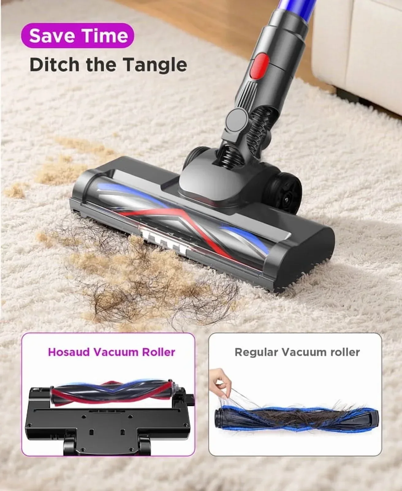 Hosaud Cordless Vacuum Cleaner - 45000pa 550W 55mins 2600mAh Lightweight Stick Vacuum Cleaners for Home Pet Hair Carpet Floor Purple - Image 2