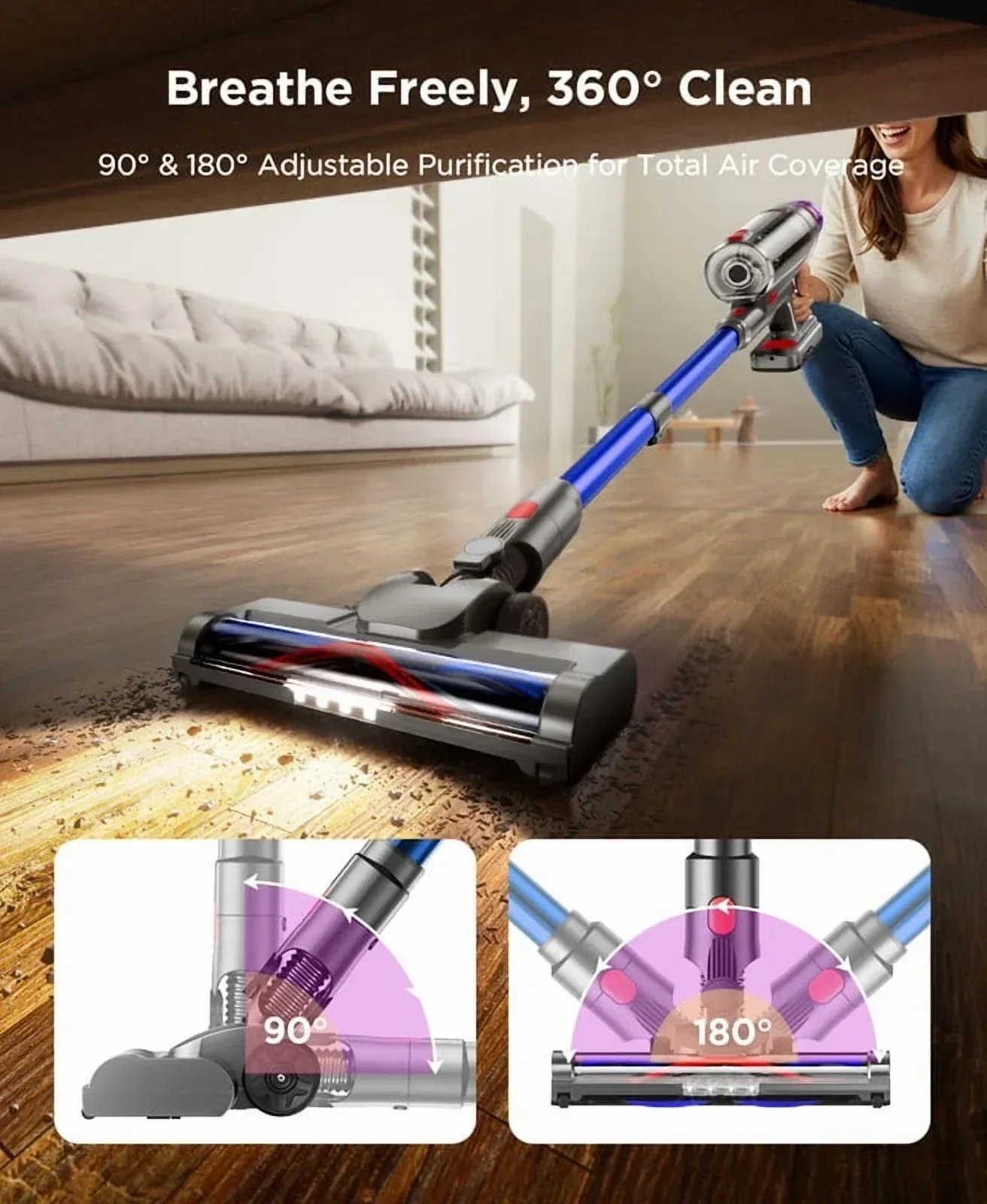 Hosaud Cordless Vacuum Cleaner - 45000pa 550W 55mins 2600mAh Lightweight Stick Vacuum Cleaners for Home Pet Hair Carpet Floor Purple - Image 3