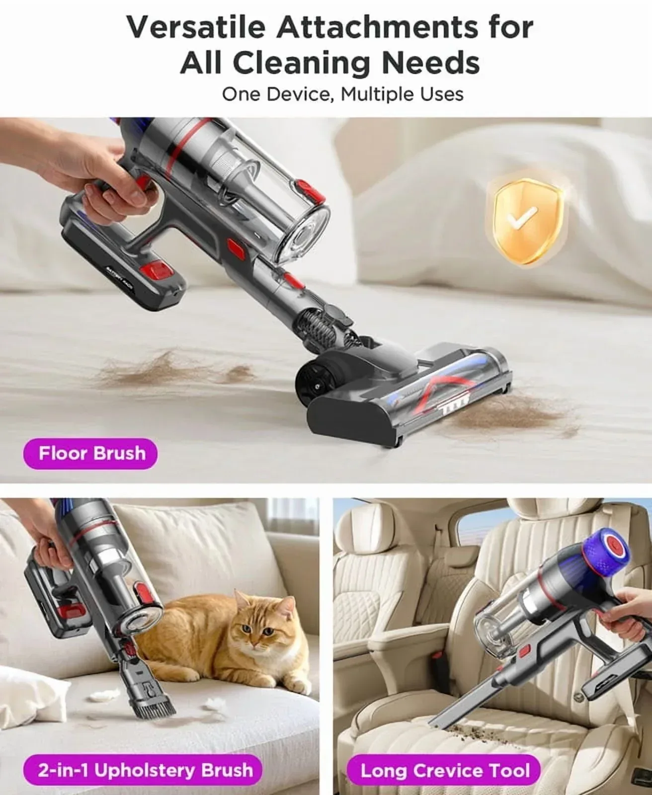 Hosaud Cordless Vacuum Cleaner - 45000pa 550W 55mins 2600mAh Lightweight Stick Vacuum Cleaners for Home Pet Hair Carpet Floor Purple - Image 6