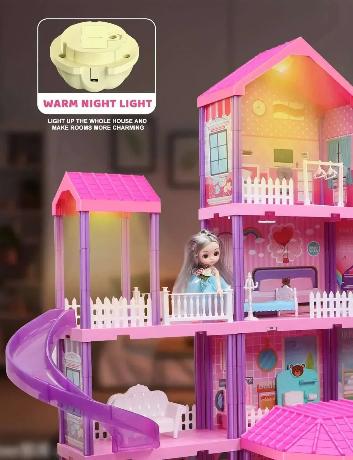 Huge Wave Dollhouse Playset Girl Toys, 36 inch 11 Large Rooms with Doll Toy Figures, with Warm Light, Princess Doll House Birthday Gift for Girls Ages 3-8 - Image 7