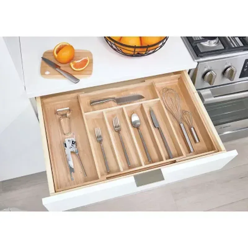Idesign Renewable Paulownia Wood Collection Expandable Flatware and Cutlery Tray, 15" X 12" to 22" - Image 3
