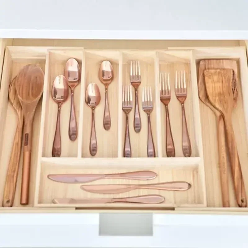 Idesign Renewable Paulownia Wood Collection Expandable Flatware and Cutlery Tray, 15" X 12" to 22" - Image 4