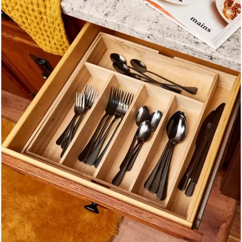 Idesign Renewable Paulownia Wood Collection Expandable Flatware and Cutlery Tray, 15" X 12" to 22" - Image 5
