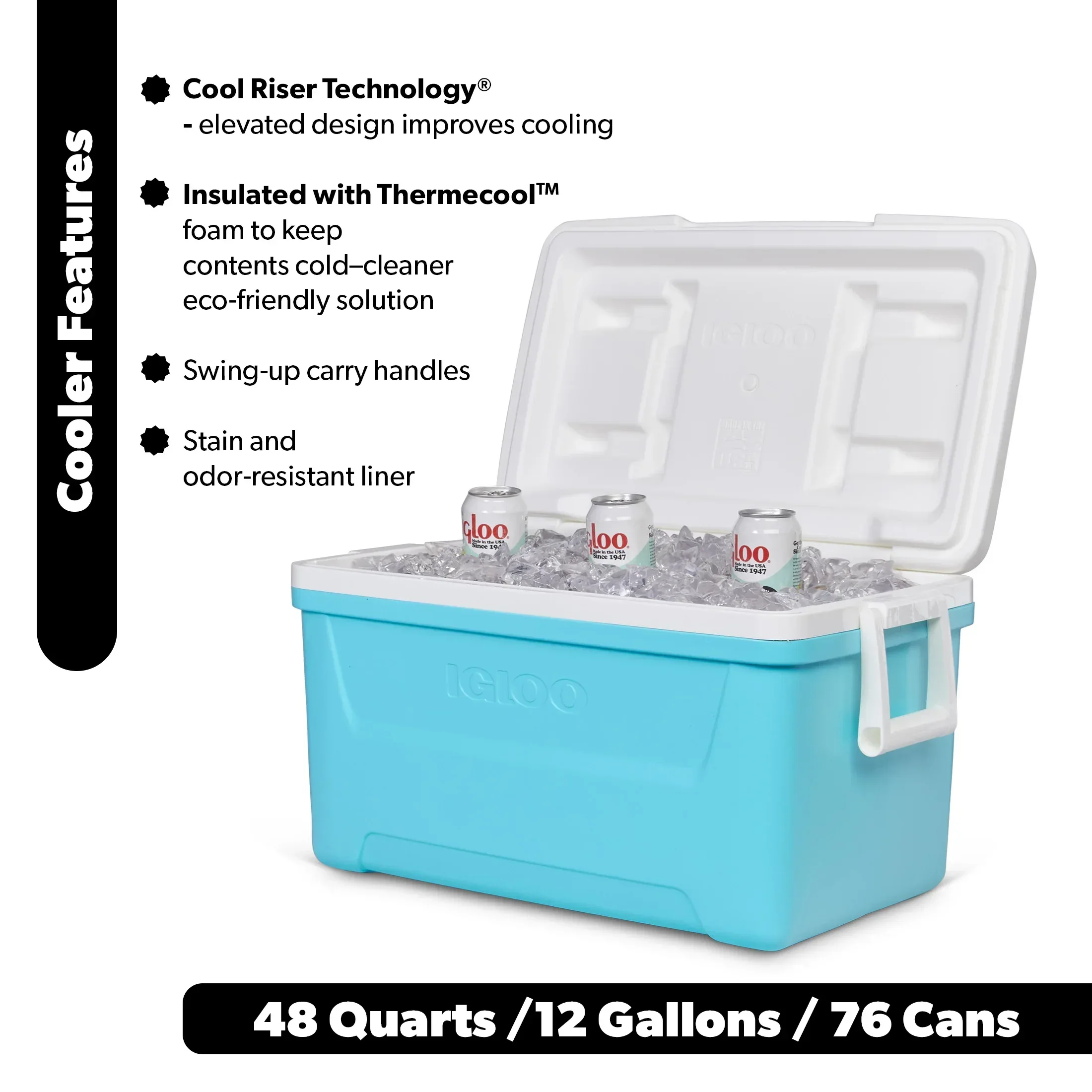Igloo 48 QT Laguna Hard-Sided Ice Chest Cooler, Aqua Blue and White - Image 2