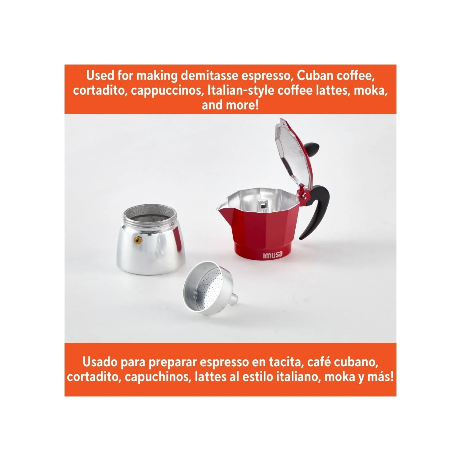IMUSA 3cup Cast Aluminum Stovetop Coffeemaker with Red Top - Image 3