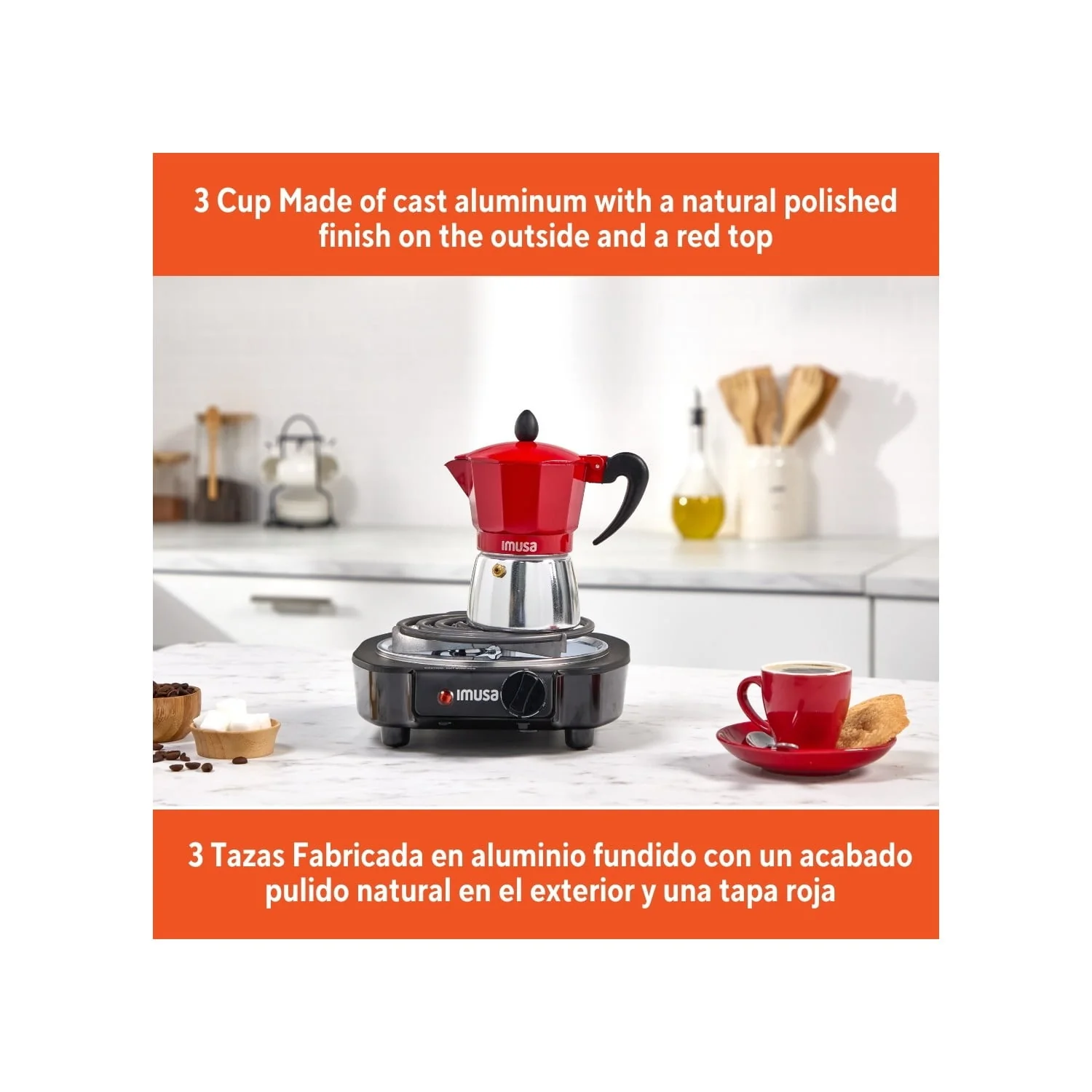 IMUSA 3cup Cast Aluminum Stovetop Coffeemaker with Red Top - Image 5