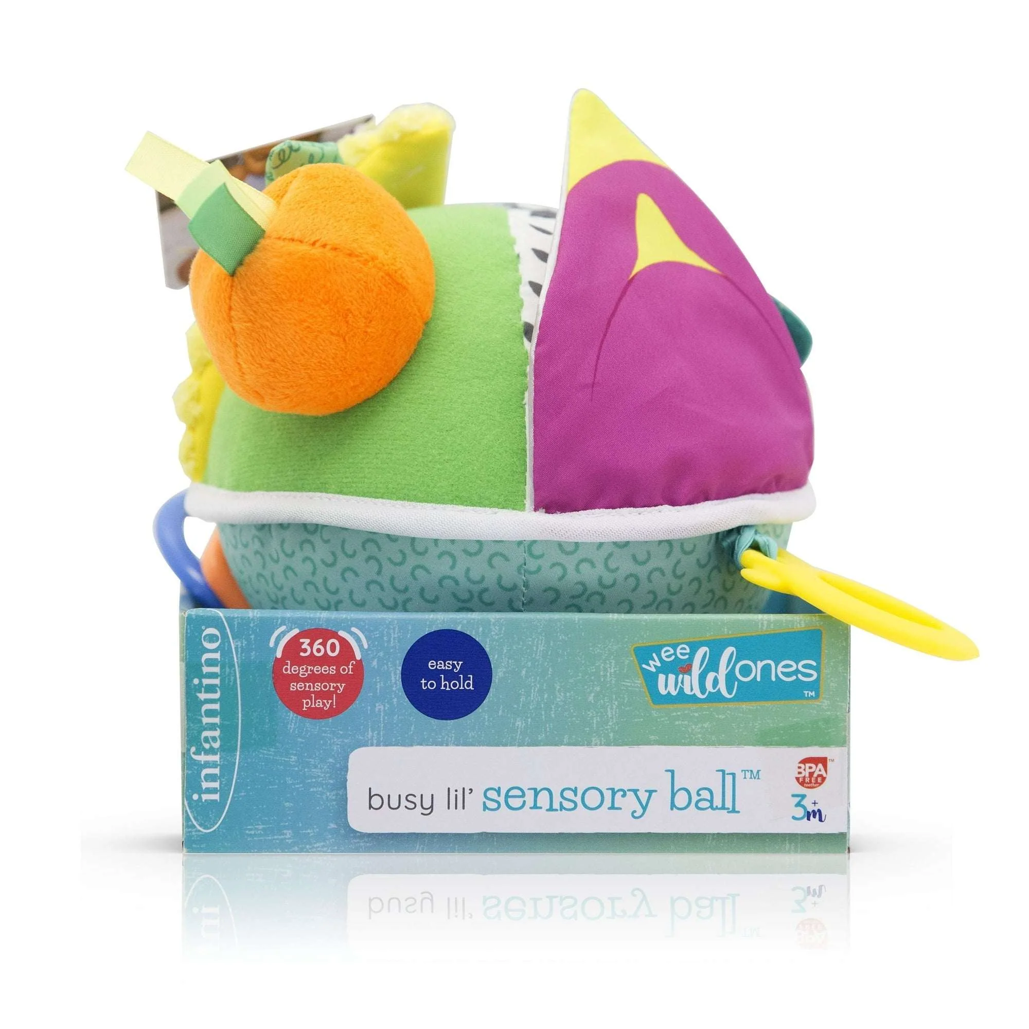 Infantino Busy Lil Soft Sensory Toy Ball with Activities for Babies 6-12 Months, Multicolor Fruits & Veggies - Image 2