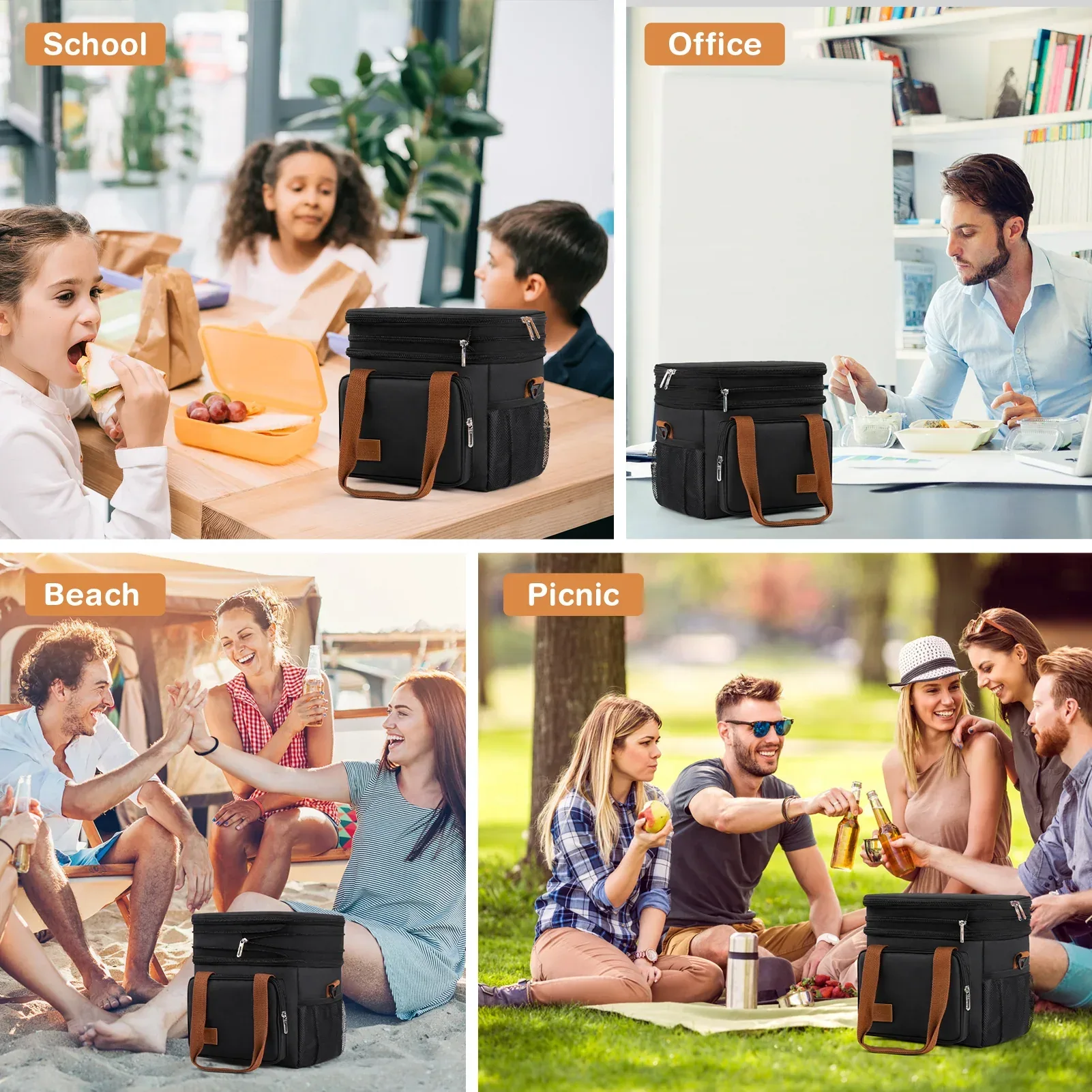Insulated Lunch Bag for Women/Men, 17L Expandable Double Deck Lunch Cooler Box, Lightweight Leakproof Lunch Tote Bag W/ Side Tissue Pocket&Adjustable Shoulder Strap, Suit for Work,Picnic,Black - Image 2