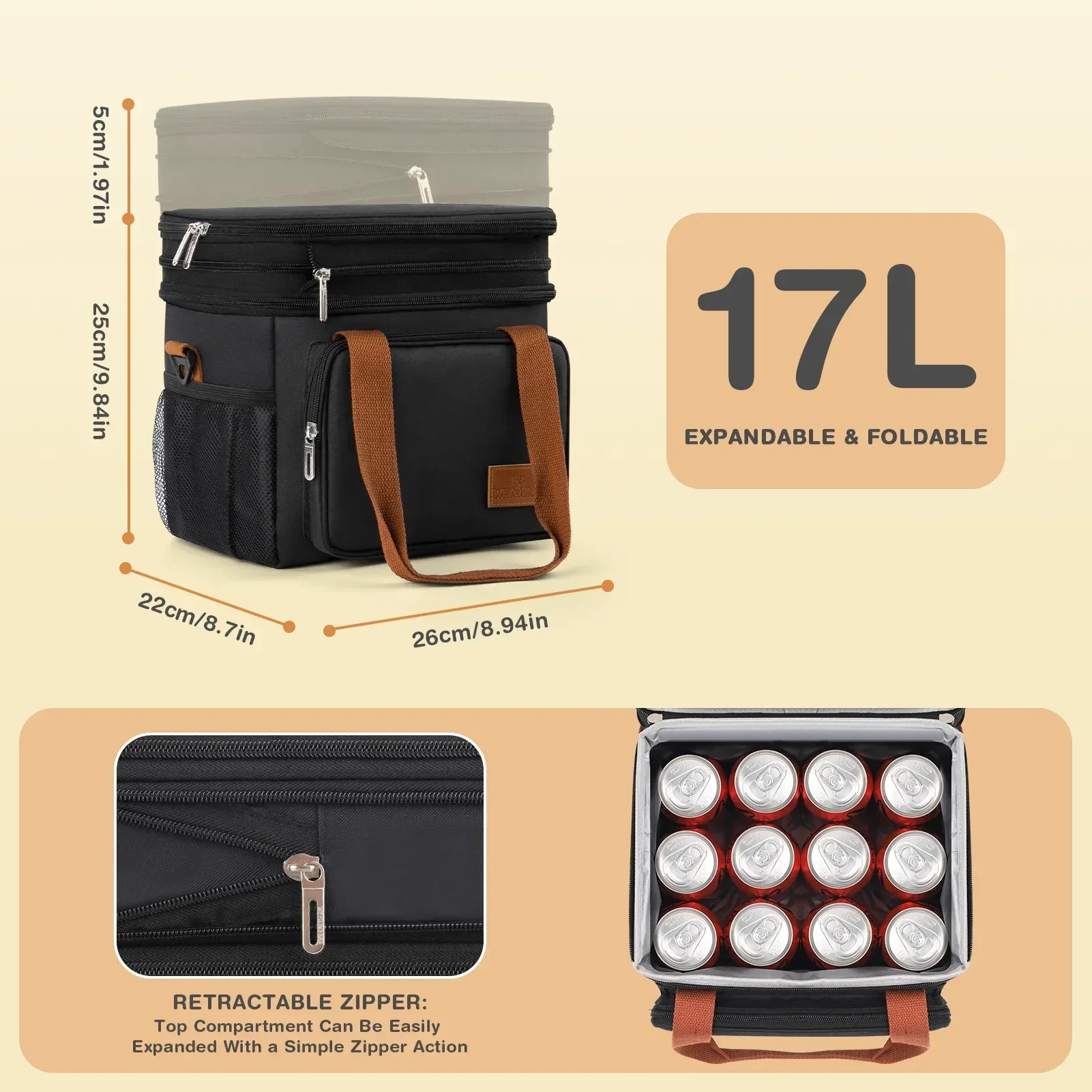 Insulated Lunch Bag for Women/Men, 17L Expandable Double Deck Lunch Cooler Box, Lightweight Leakproof Lunch Tote Bag W/ Side Tissue Pocket&Adjustable Shoulder Strap, Suit for Work,Picnic,Black - Image 3