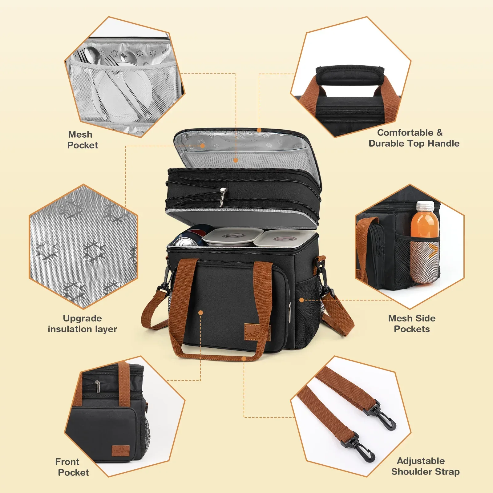 Insulated Lunch Bag for Women/Men, 17L Expandable Double Deck Lunch Cooler Box, Lightweight Leakproof Lunch Tote Bag W/ Side Tissue Pocket&Adjustable Shoulder Strap, Suit for Work,Picnic,Black - Image 4