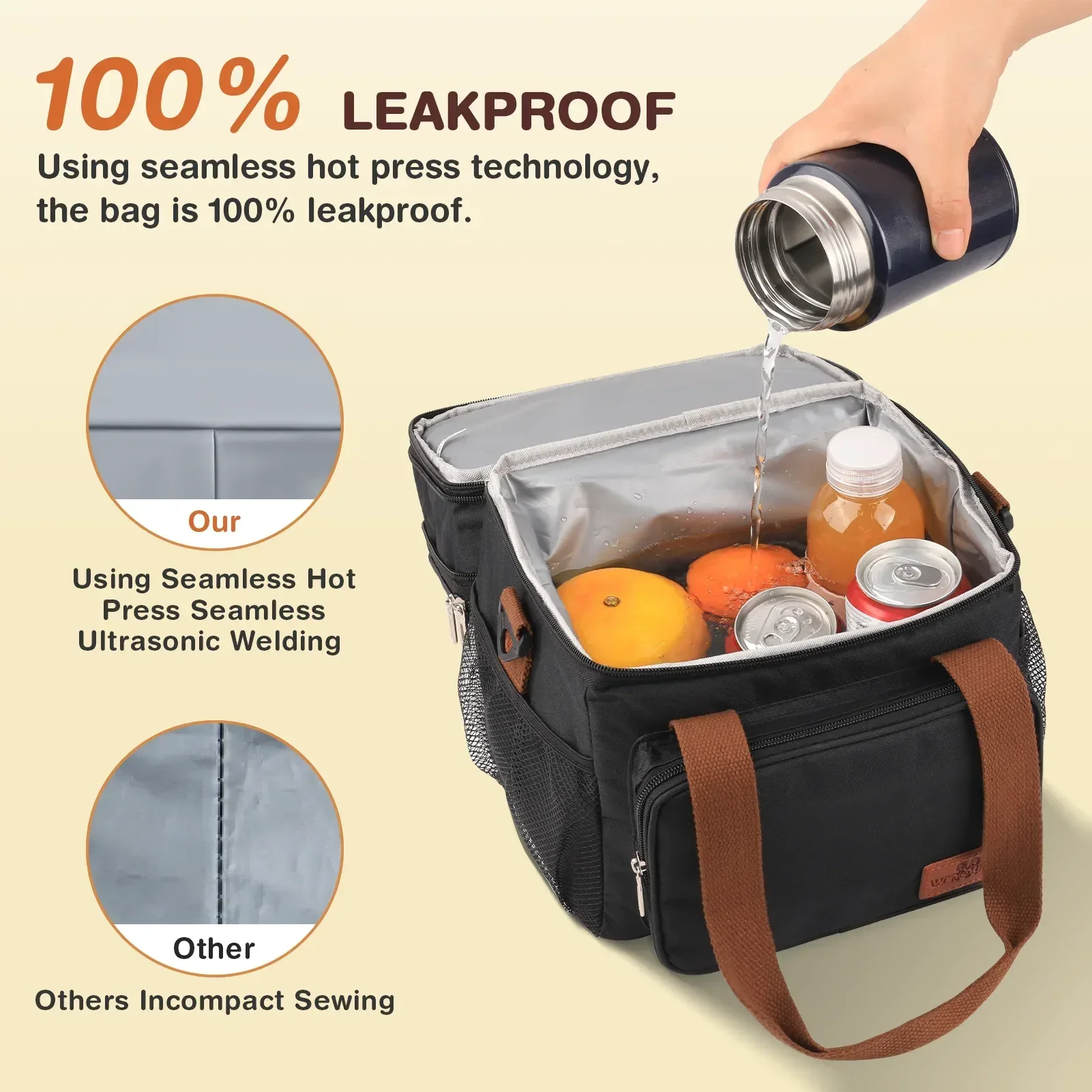 Insulated Lunch Bag for Women/Men, 17L Expandable Double Deck Lunch Cooler Box, Lightweight Leakproof Lunch Tote Bag W/ Side Tissue Pocket&Adjustable Shoulder Strap, Suit for Work,Picnic,Black - Image 5