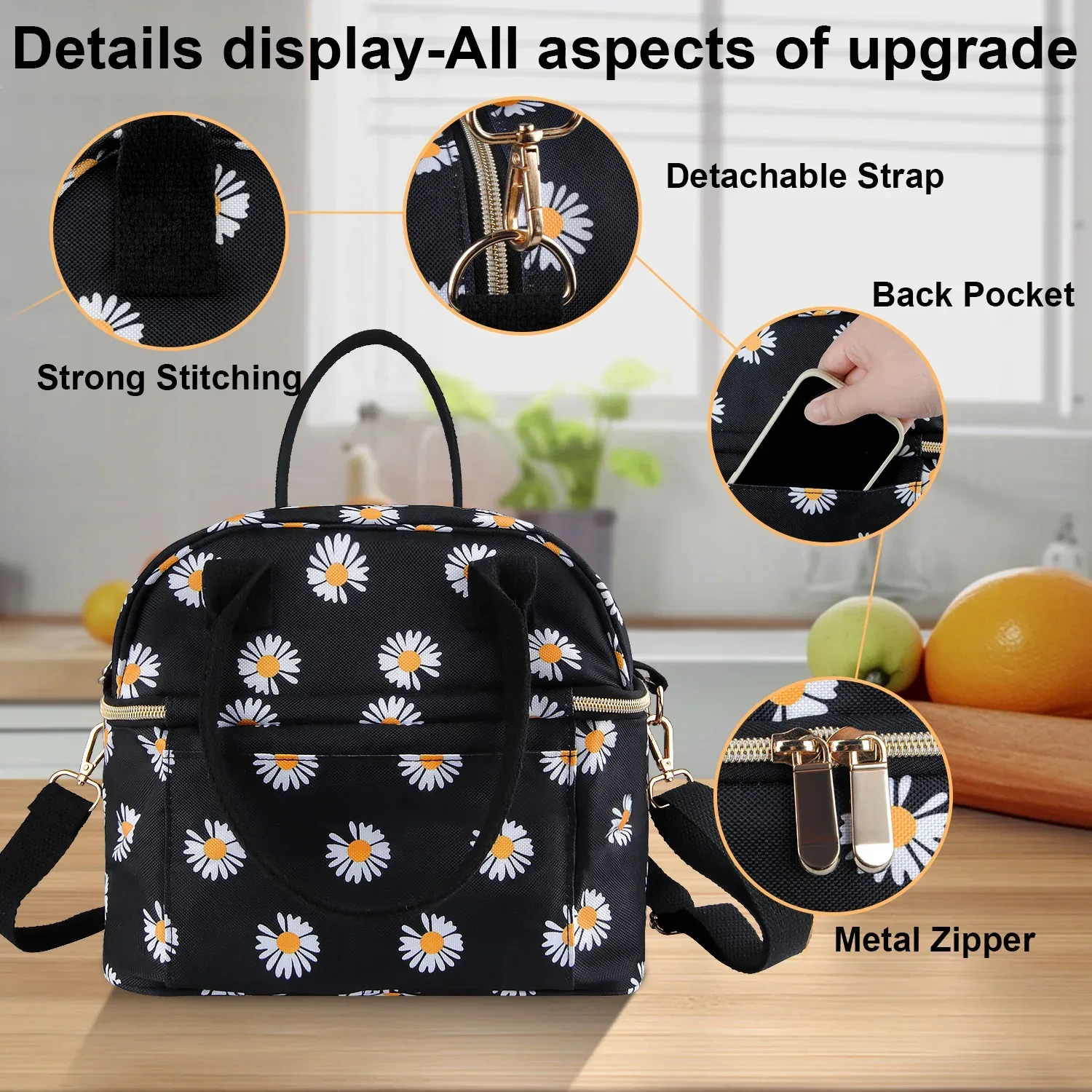 Insulated Lunch Bags for Women Men with Adjustable Shoulder Strap,AILKIN Large Lunch Box Tote Leakproof 8-12Hrs Cooler Reusable Thermal Lunch Bags for Women,Adults,School,Work,Office,Picnic,Daisy - Image 2