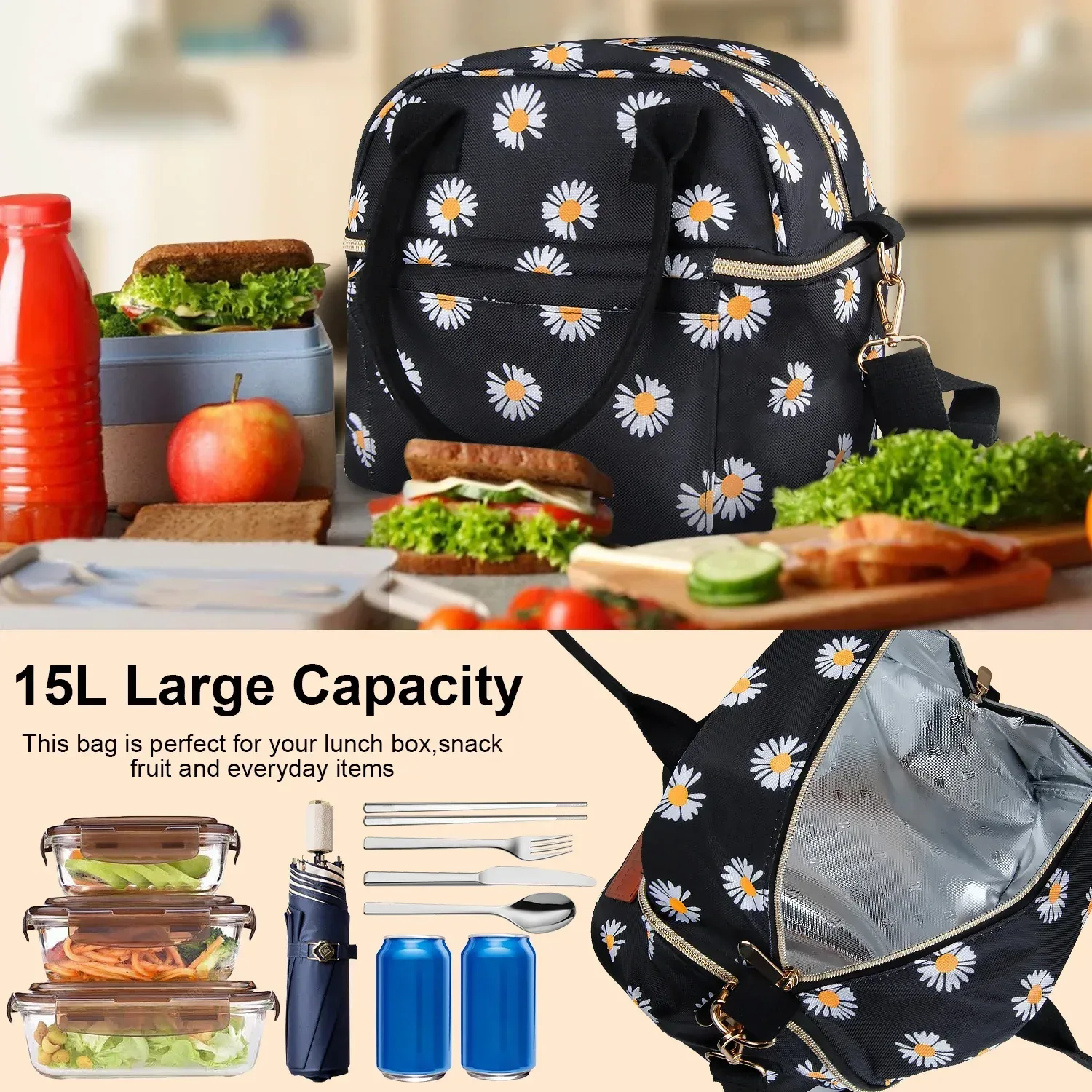 Insulated Lunch Bags for Women Men with Adjustable Shoulder Strap,AILKIN Large Lunch Box Tote Leakproof 8-12Hrs Cooler Reusable Thermal Lunch Bags for Women,Adults,School,Work,Office,Picnic,Daisy - Image 4