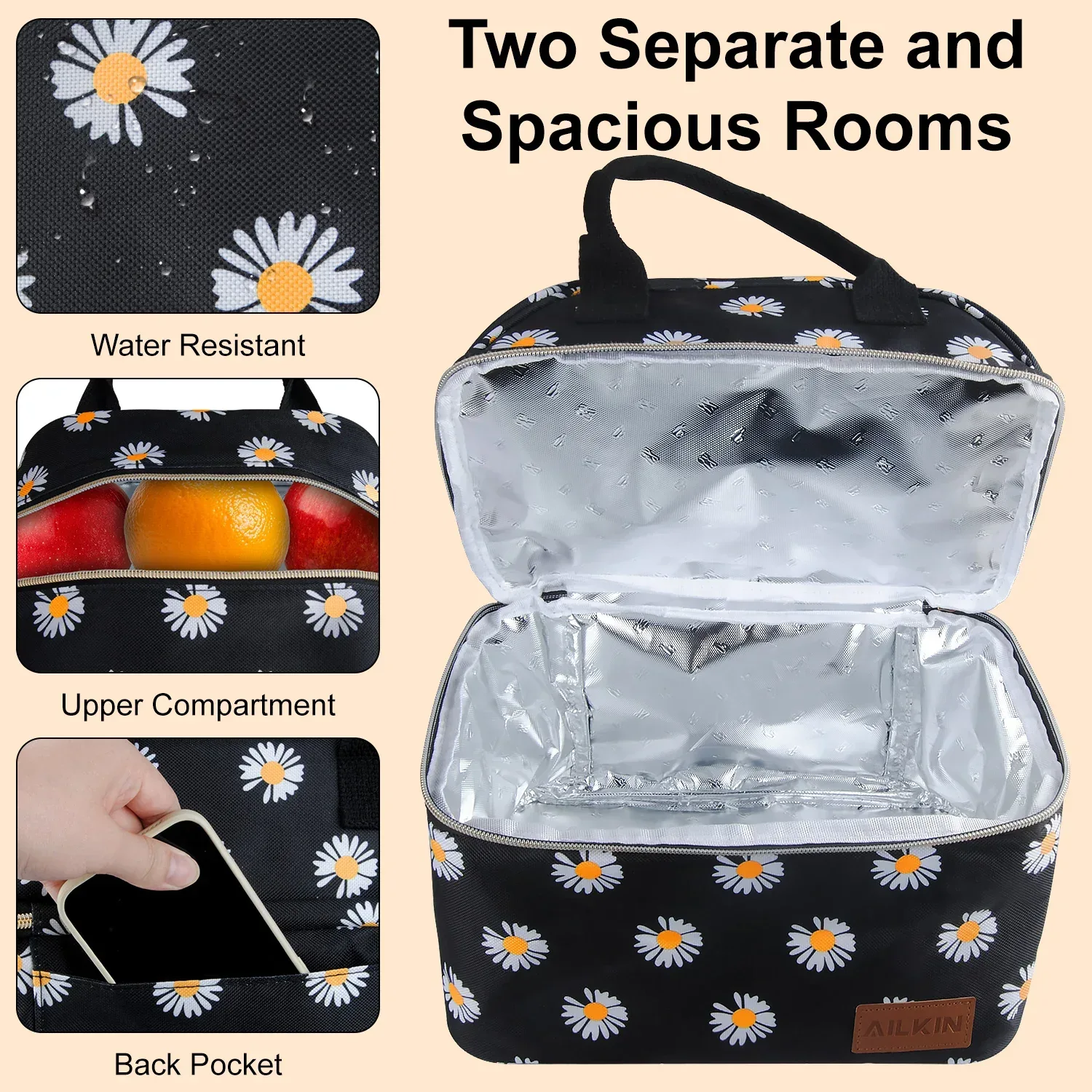 Insulated Lunch Bags for Women Men with Adjustable Shoulder Strap,AILKIN Large Lunch Box Tote Leakproof 8-12Hrs Cooler Reusable Thermal Lunch Bags for Women,Adults,School,Work,Office,Picnic,Daisy - Image 5