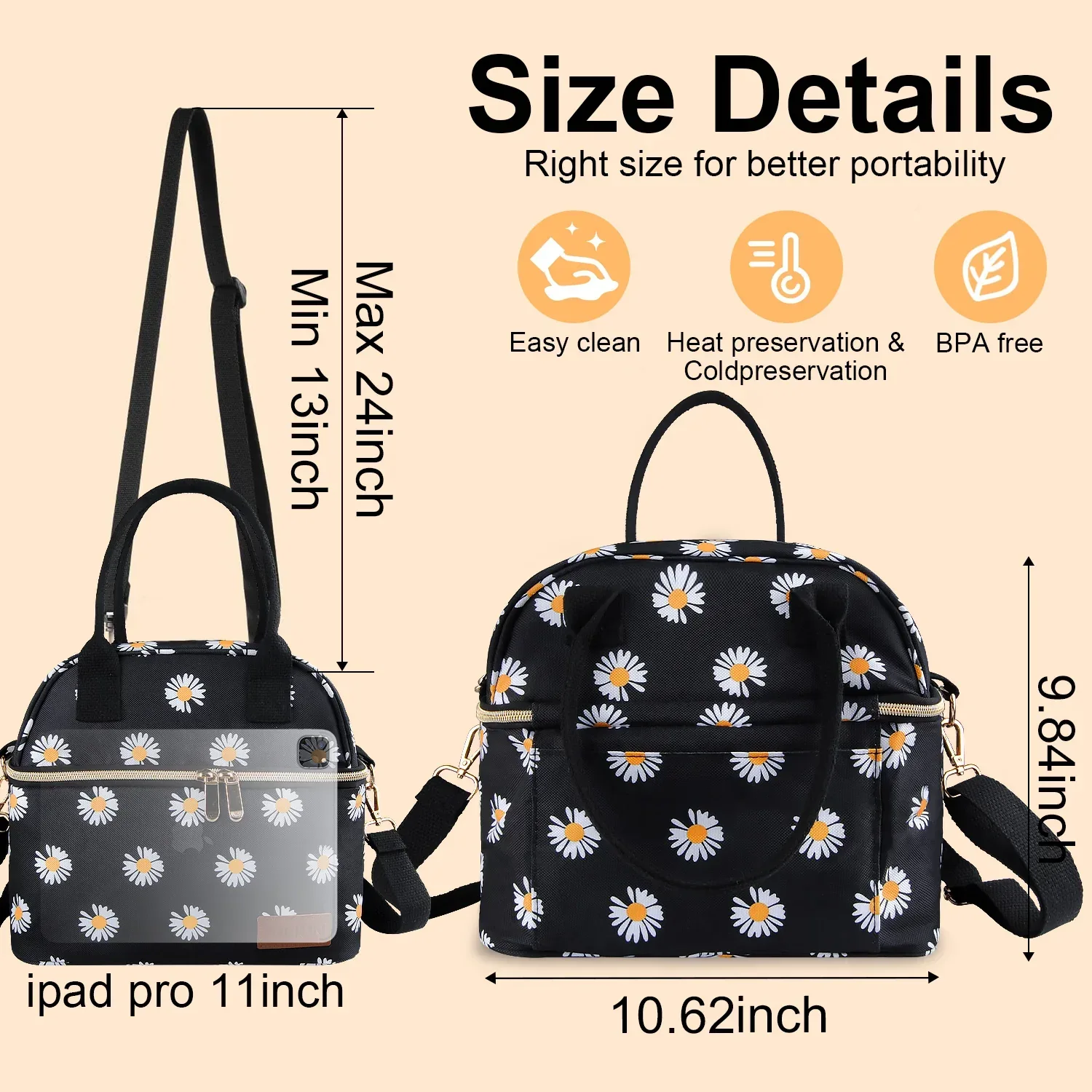 Insulated Lunch Bags for Women Men with Adjustable Shoulder Strap,AILKIN Large Lunch Box Tote Leakproof 8-12Hrs Cooler Reusable Thermal Lunch Bags for Women,Adults,School,Work,Office,Picnic,Daisy - Image 7