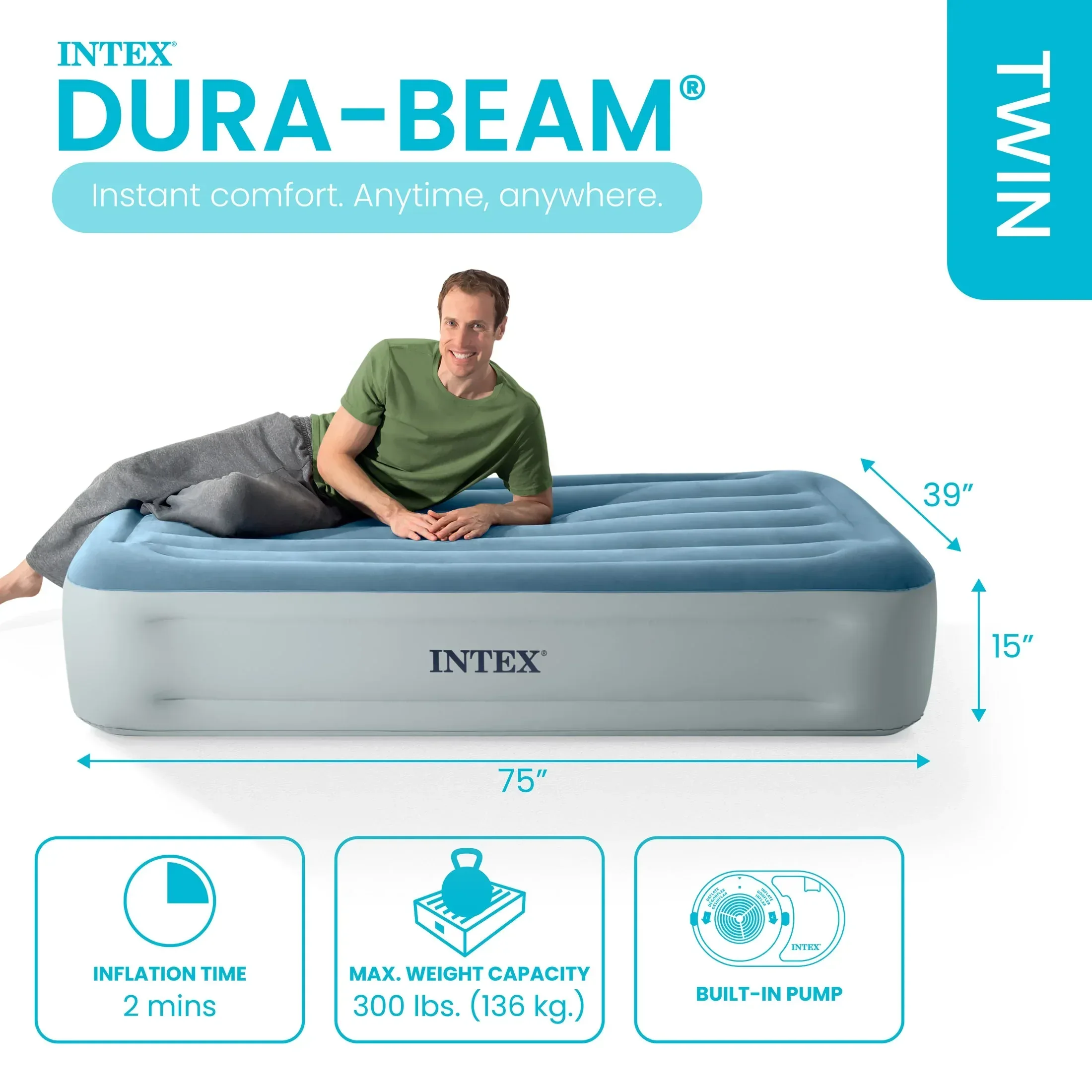 Intex 15" Twin Essential Rest Dura-Beam Airbed Mattress with Built-in Pump - Image 2