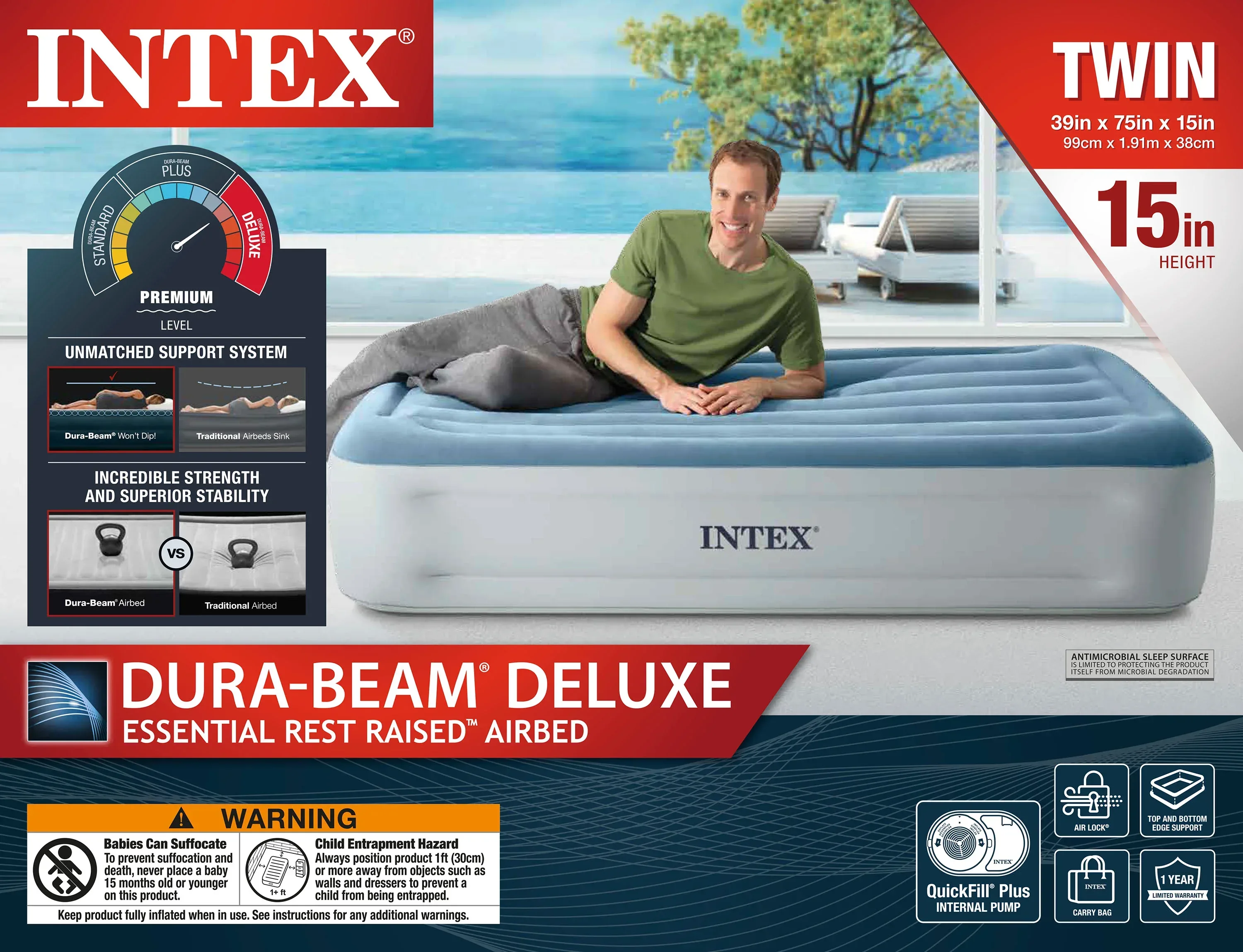 Intex 15" Twin Essential Rest Dura-Beam Airbed Mattress with Built-in Pump - Image 7
