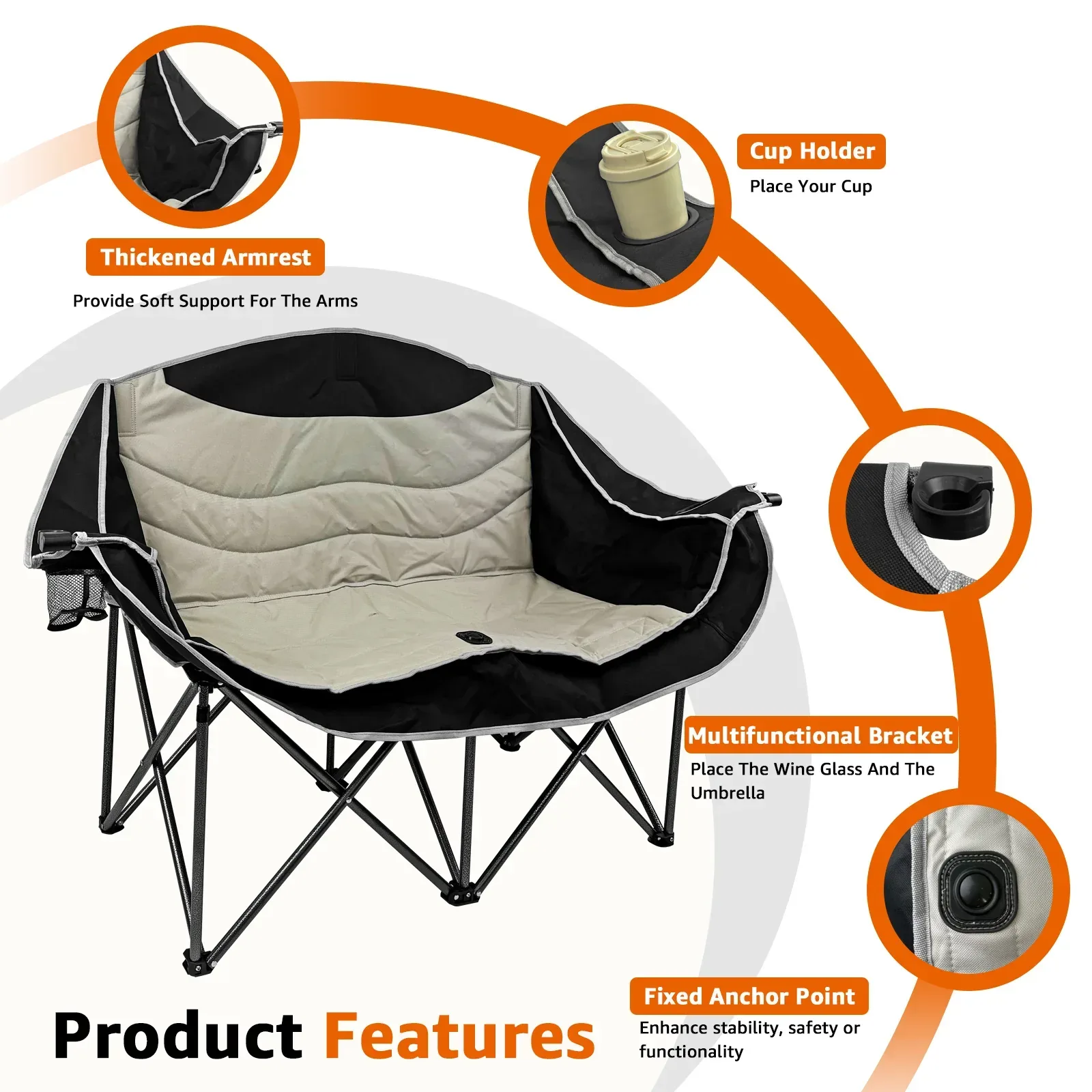 Jacgood Double Camping Chair for Couples, Comfortable Folding Loveseat with 2 Cup Holders & Armrests, Heavy-Duty 660lb Capacity for Camping - Image 6