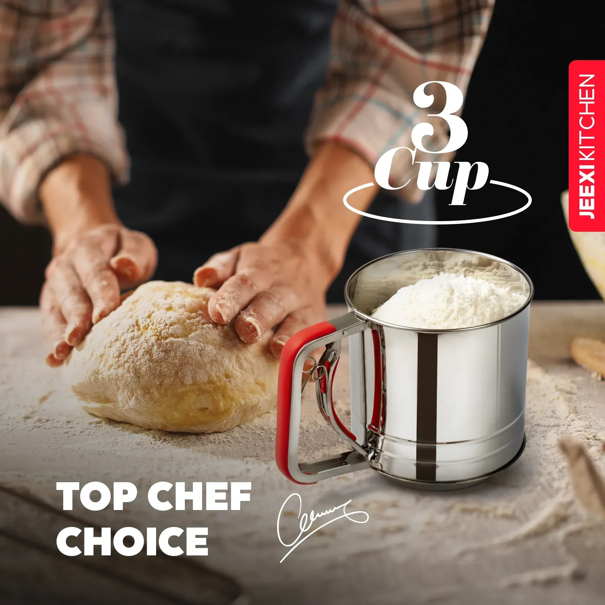 JEEXI Stainless Steel Flour Sifter with Soft Grip Handle, 3 Cup Capacity, Double Layer Fine Mesh for Sifting Flour, Sugar, and Coffee Powder, Durable Kitchen Gadget Tool for Baking and Pastry - Image 4