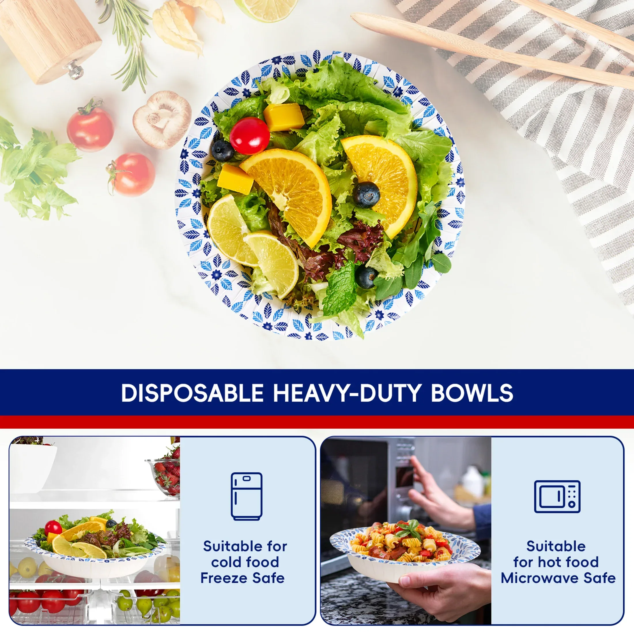 JOLLY CHEF Disposable Paper Bowls,Strong,Soak Proof,Microwave Safe,20 oz,Patterned,150 Count - Image 2