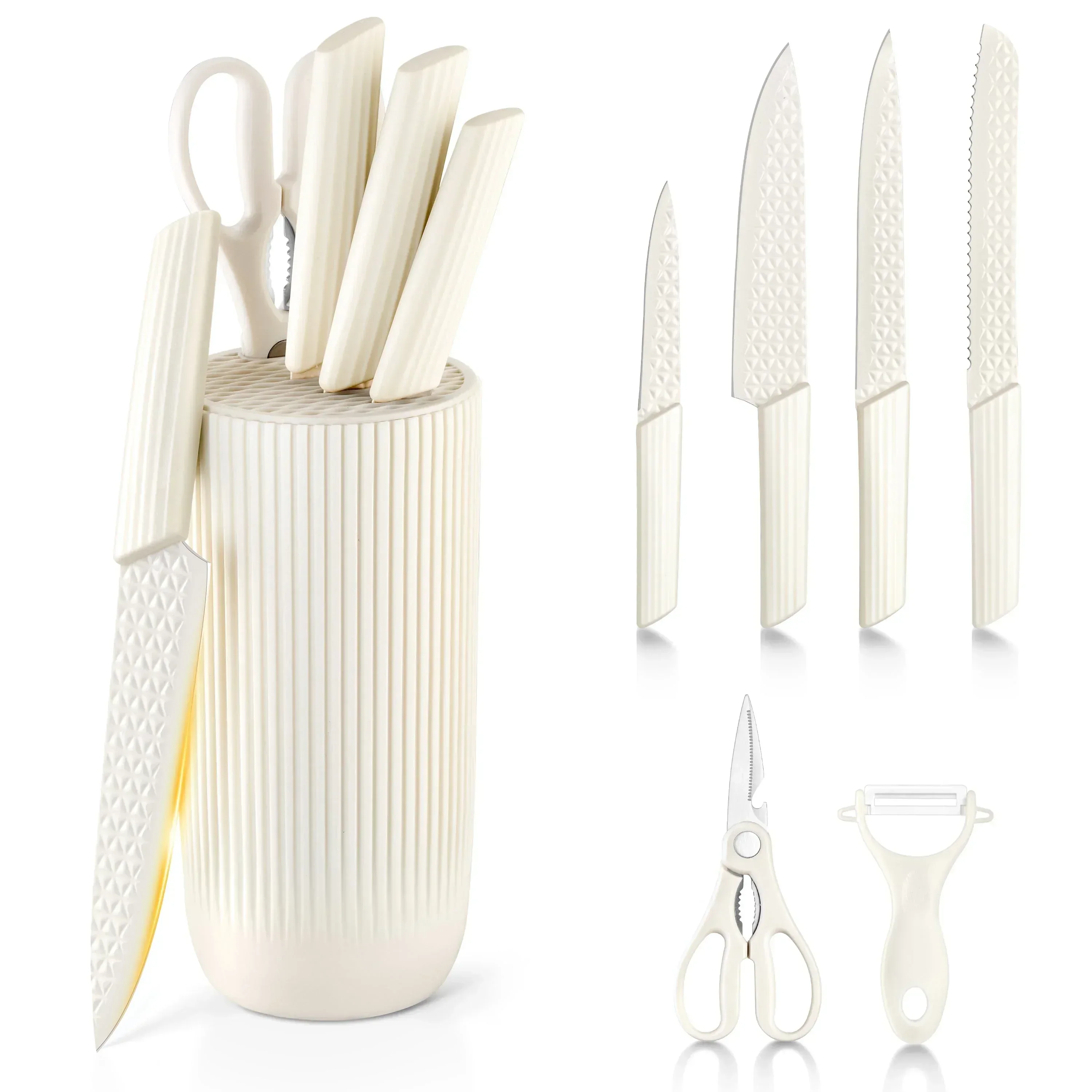 Joyfair Kitchen Knife Set, 7 Pcs Stainless Steel White Knives Block Set for Chef, Super Sharp Professional Knife Set with Universal Knife Block for Home Restaurant, Non-Stick & Anti-Rust - Image 11