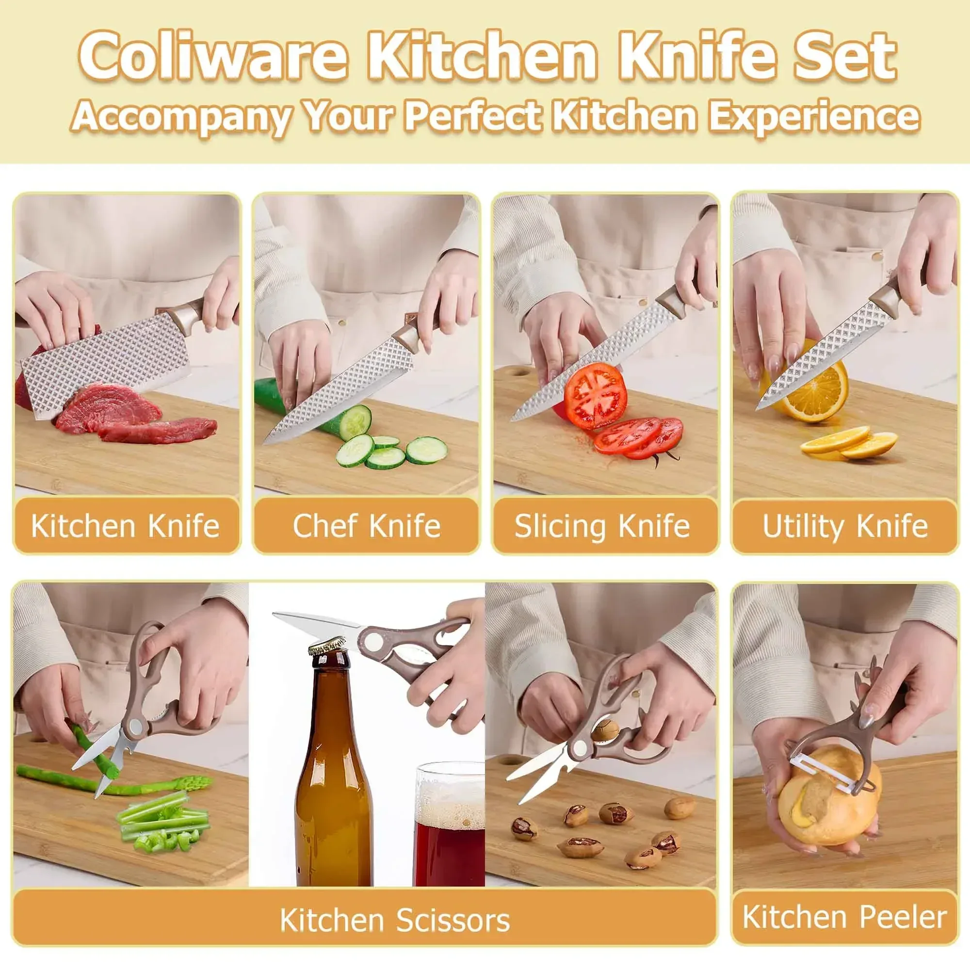 Joyfair Kitchen Knife Set, 7 Pcs Stainless Steel White Knives Block Set for Chef, Super Sharp Professional Knife Set with Universal Knife Block for Home Restaurant, Non-Stick & Anti-Rust - Image 32