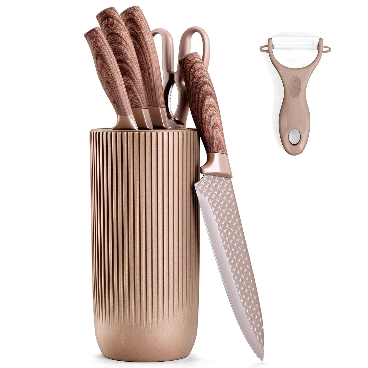 Vesteel Kitchen Knife Set of 7, Professional Stainless Steel Knives Set for Kitchen with Universal Knife Block - Khaki - Image 14