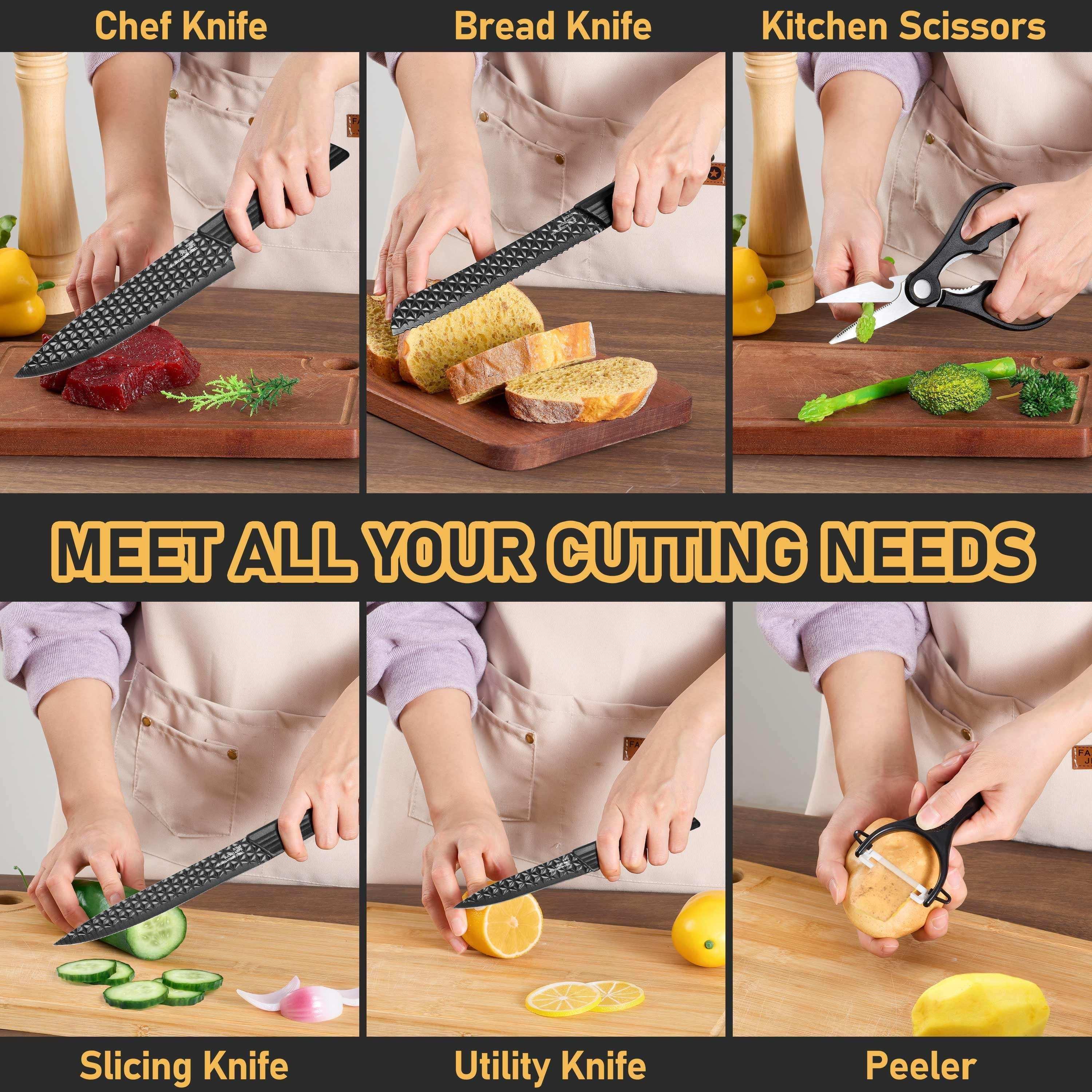 Vesteel Kitchen Knife Set of 7, Professional Stainless Steel Knives Set for Kitchen with Universal Knife Block - Khaki - Image 15
