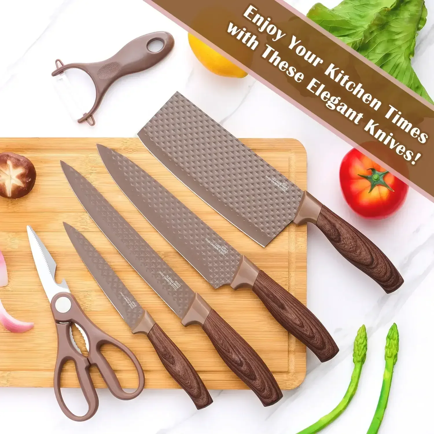 Vesteel Kitchen Knife Set of 7, Professional Stainless Steel Knives Set for Kitchen with Universal Knife Block - Khaki - Image 16