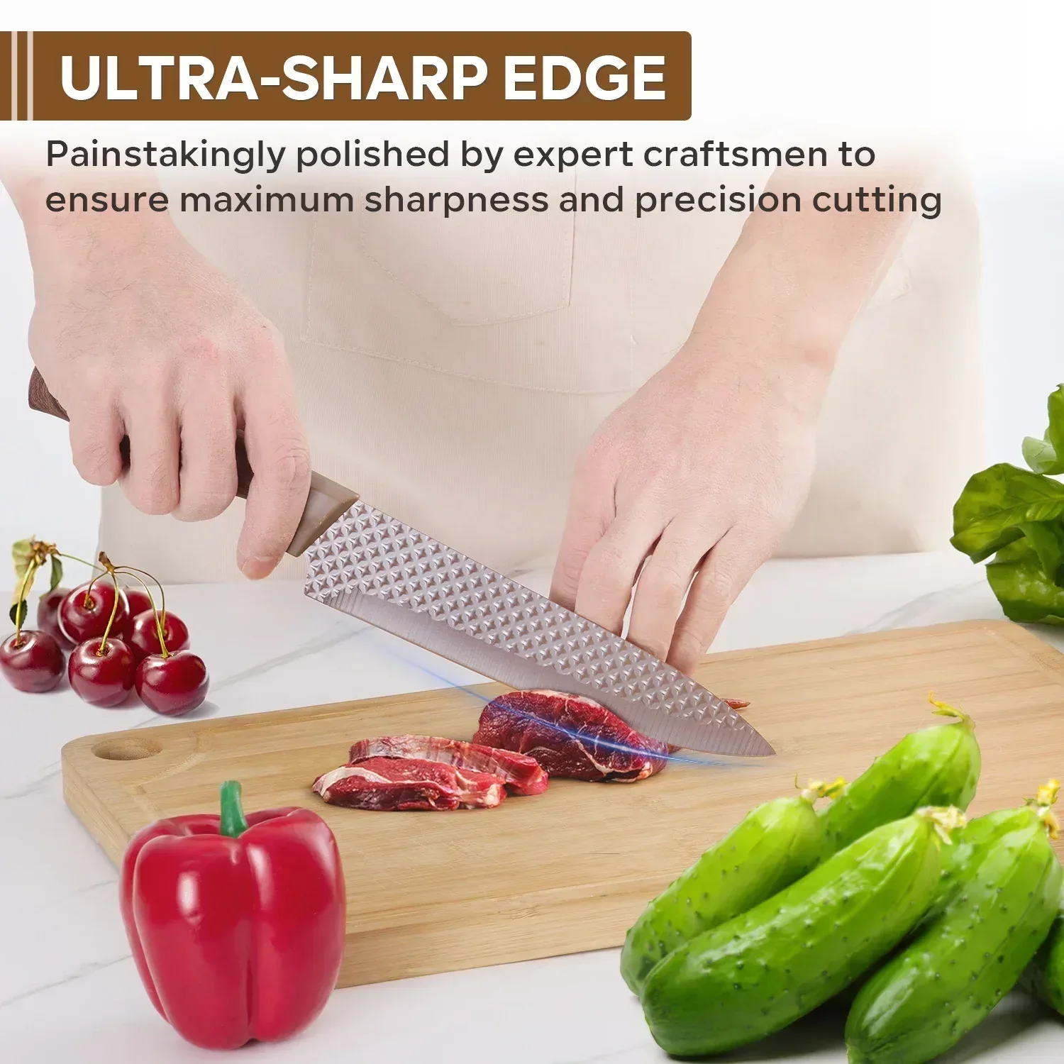 Vesteel Kitchen Knife Set of 7, Professional Stainless Steel Knives Set for Kitchen with Universal Knife Block - Khaki - Image 20