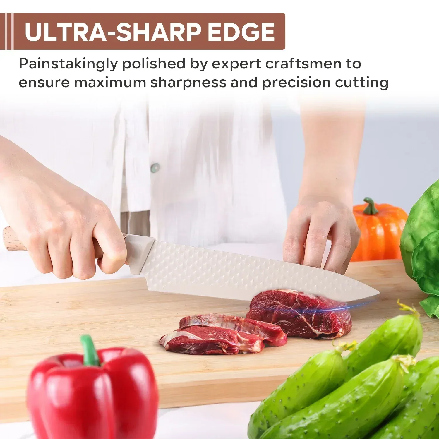 Vesteel Kitchen Knife Set of 7, Professional Stainless Steel Knives Set for Kitchen with Universal Knife Block - Khaki - Image 23