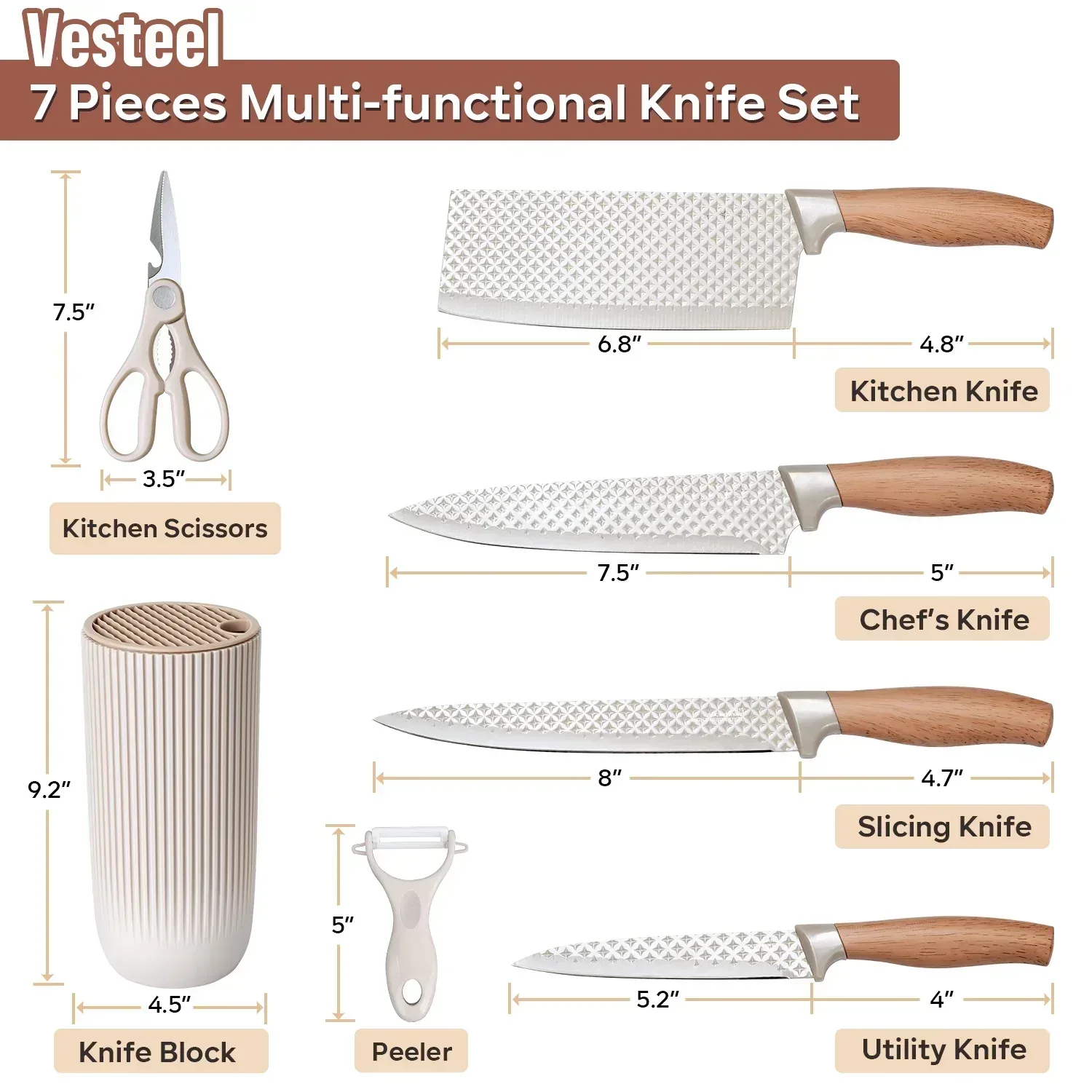 Vesteel Kitchen Knife Set of 7, Professional Stainless Steel Knives Set for Kitchen with Universal Knife Block - Khaki - Image 28