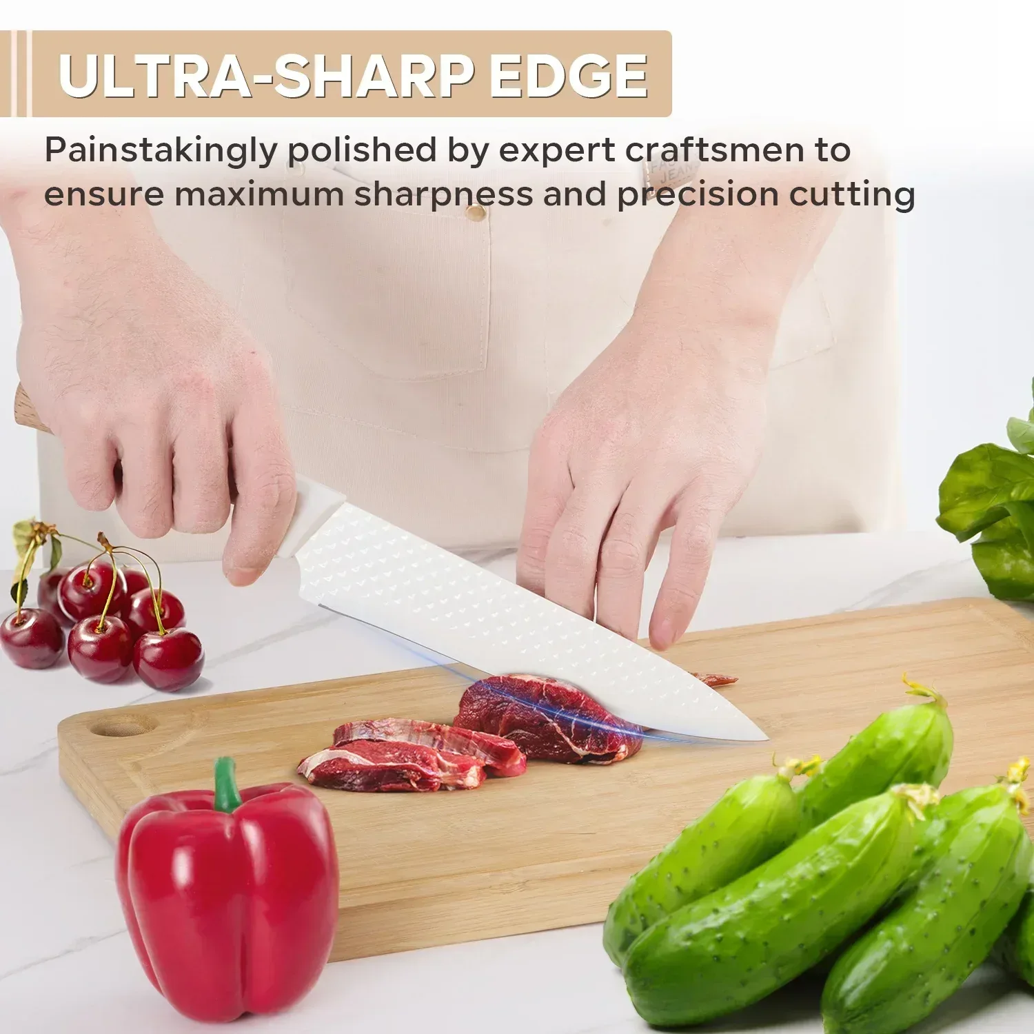 Vesteel Kitchen Knife Set of 7, Professional Stainless Steel Knives Set for Kitchen with Universal Knife Block - Khaki - Image 32