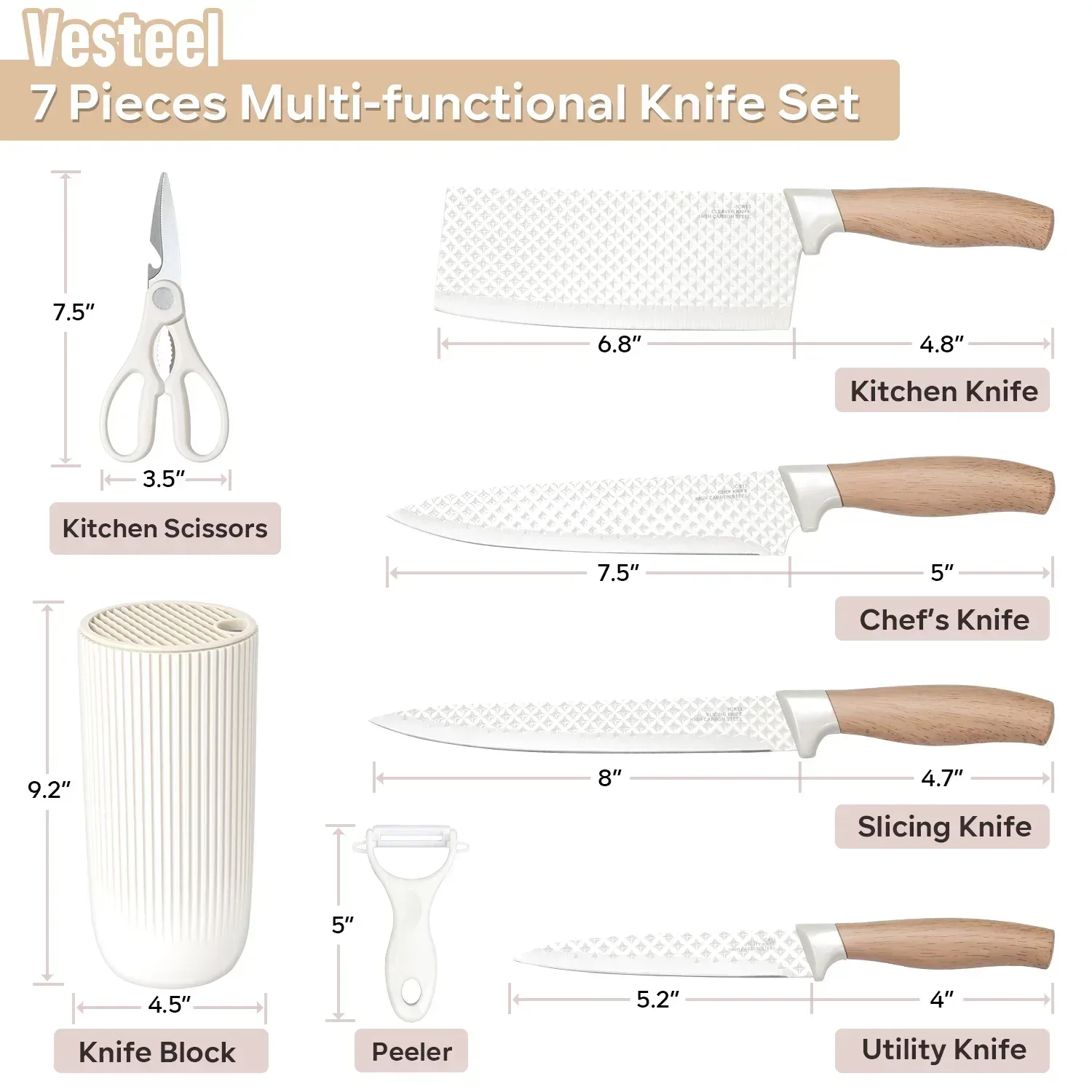 Vesteel Kitchen Knife Set of 7, Professional Stainless Steel Knives Set for Kitchen with Universal Knife Block - Khaki - Image 34
